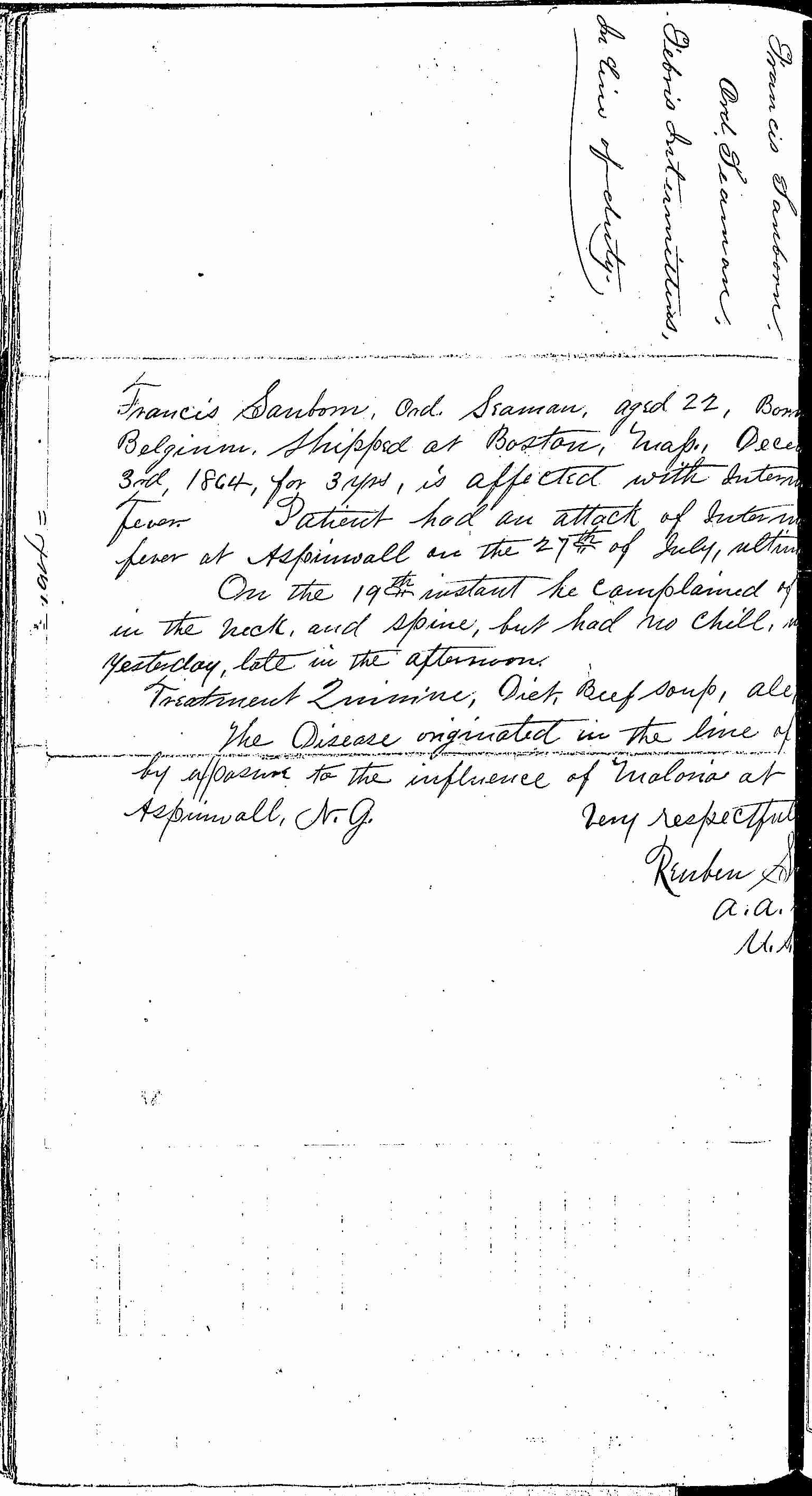 Entry for Francis Sanborn (page 2 of 2) in the log Hospital Tickets and Case Papers - Naval Hospital - Washington, D.C. - 1866-68