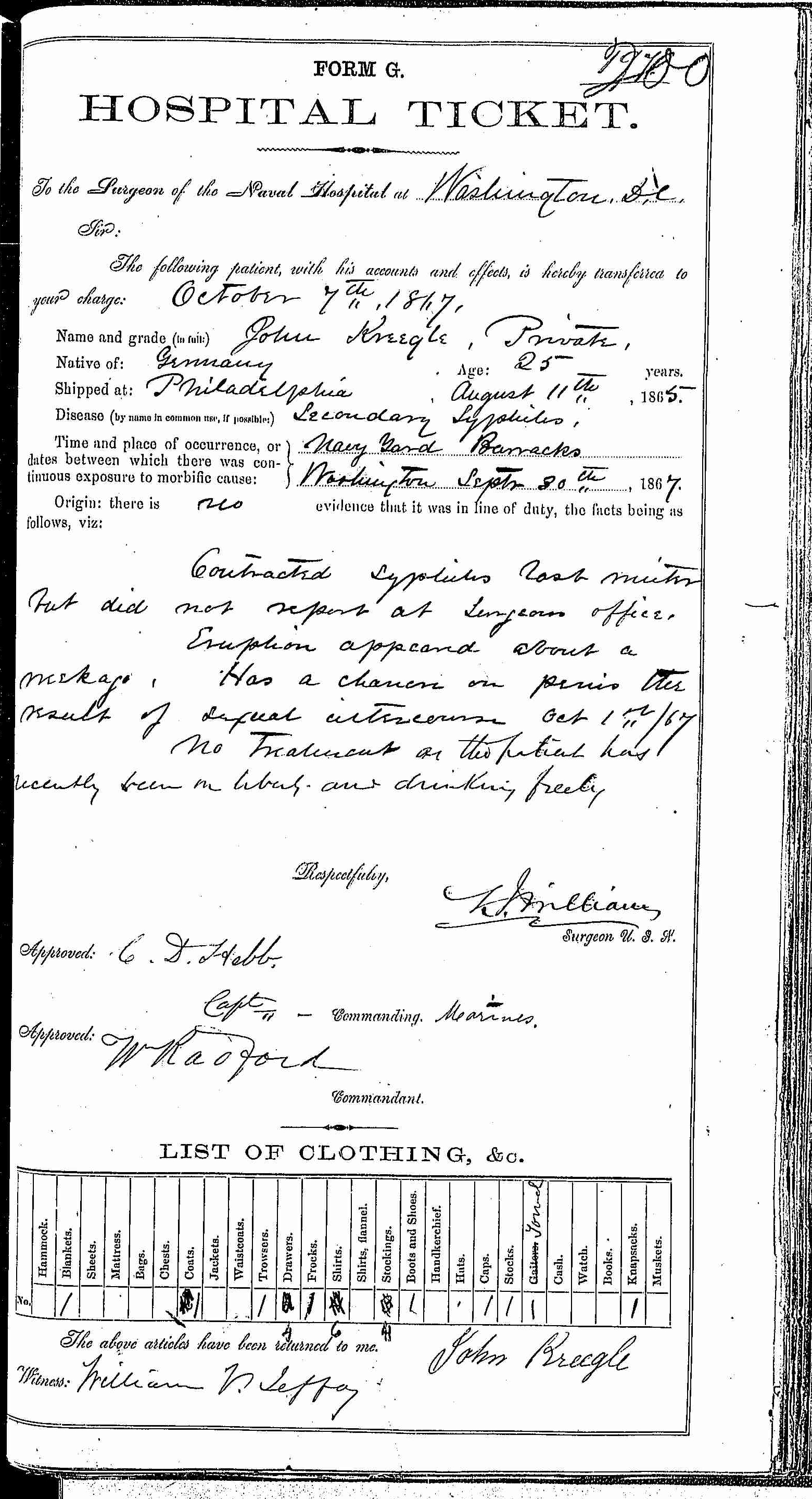 Entry for John Kreegle (page 1 of 2) in the log Hospital Tickets and Case Papers - Naval Hospital - Washington, D.C. - 1866-68