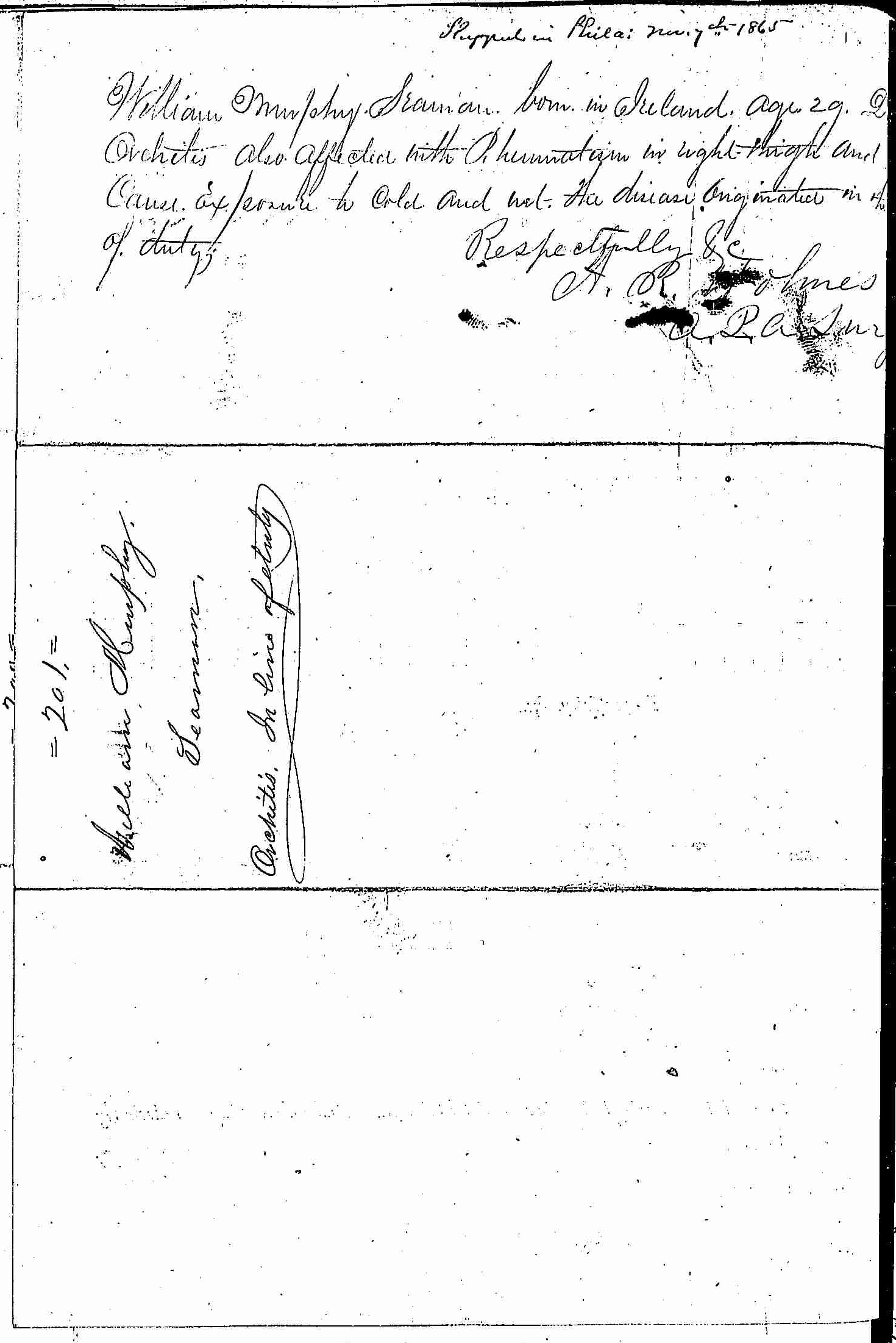 Entry for William Murphy (page 2 of 2) in the log Hospital Tickets and Case Papers - Naval Hospital - Washington, D.C. - 1866-68