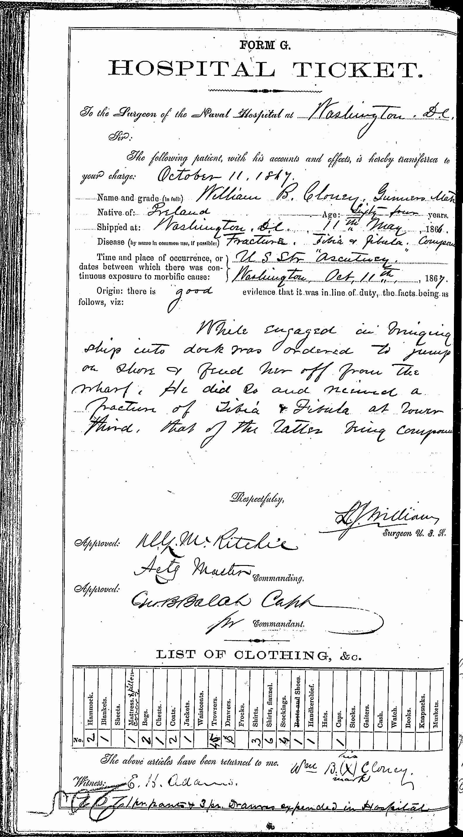 Entry for William B. Cloney (page 1 of 2) in the log Hospital Tickets and Case Papers - Naval Hospital - Washington, D.C. - 1866-68