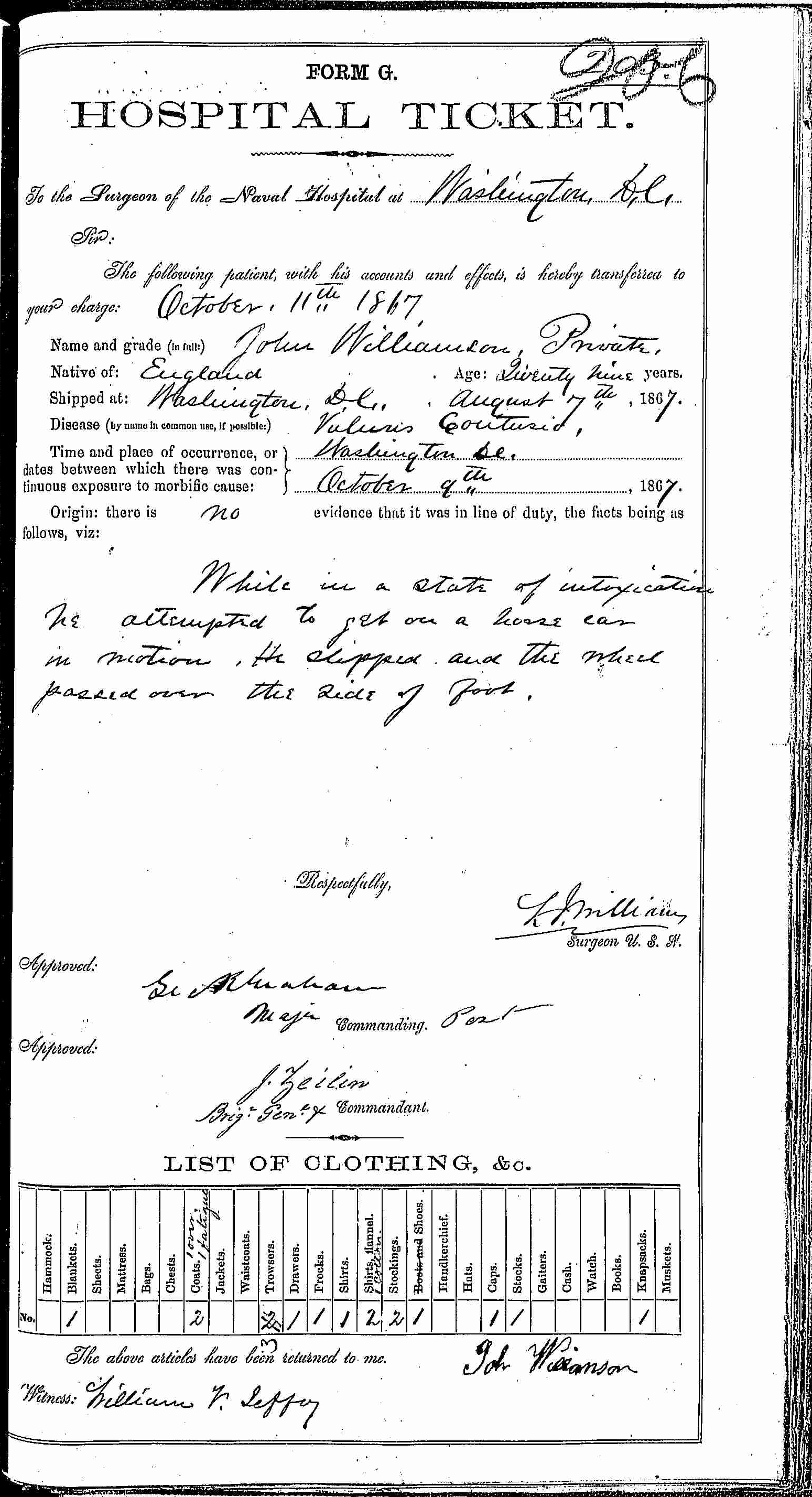 Entry for John Williamson (page 1 of 2) in the log Hospital Tickets and Case Papers - Naval Hospital - Washington, D.C. - 1866-68