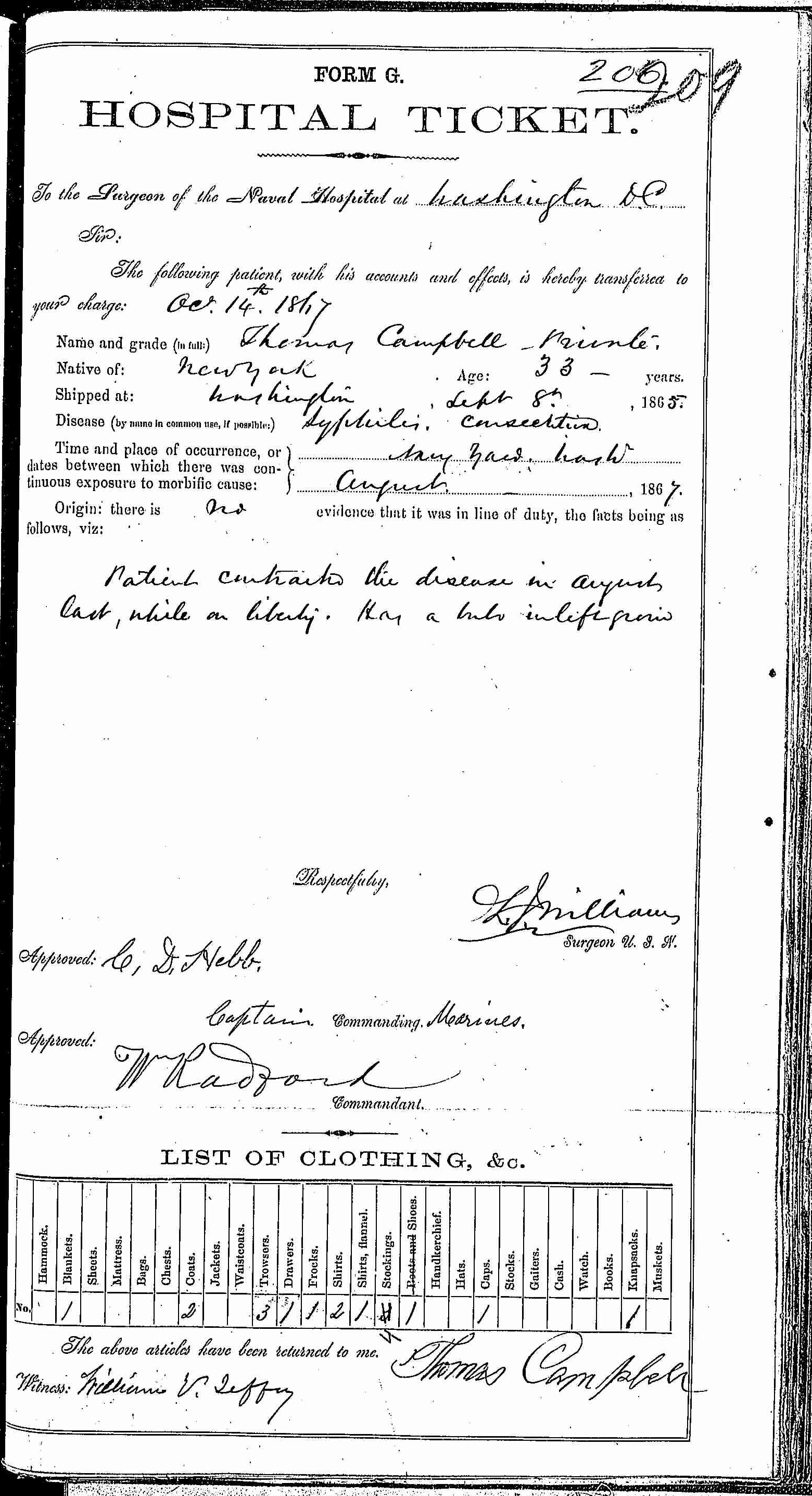 Entry for Thomas Campbell (third admission page 1 of 2) in the log Hospital Tickets and Case Papers - Naval Hospital - Washington, D.C. - 1866-68