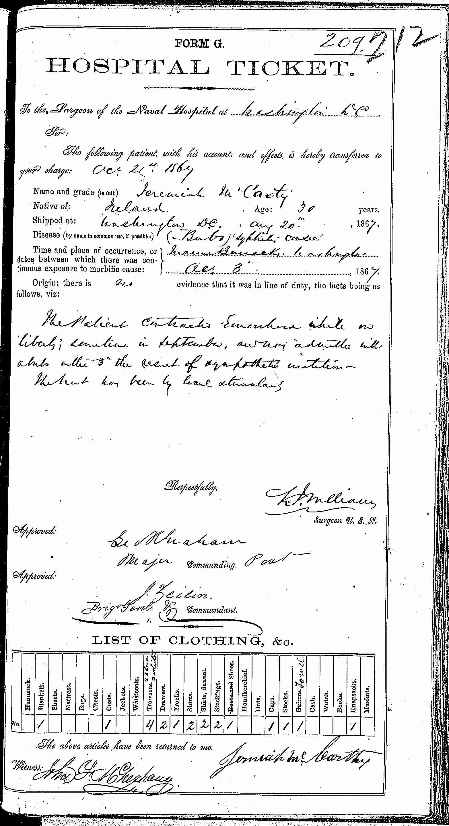 Entry for Jeremiah McCarty (page 1 of 2) in the log Hospital Tickets and Case Papers - Naval Hospital - Washington, D.C. - 1866-68