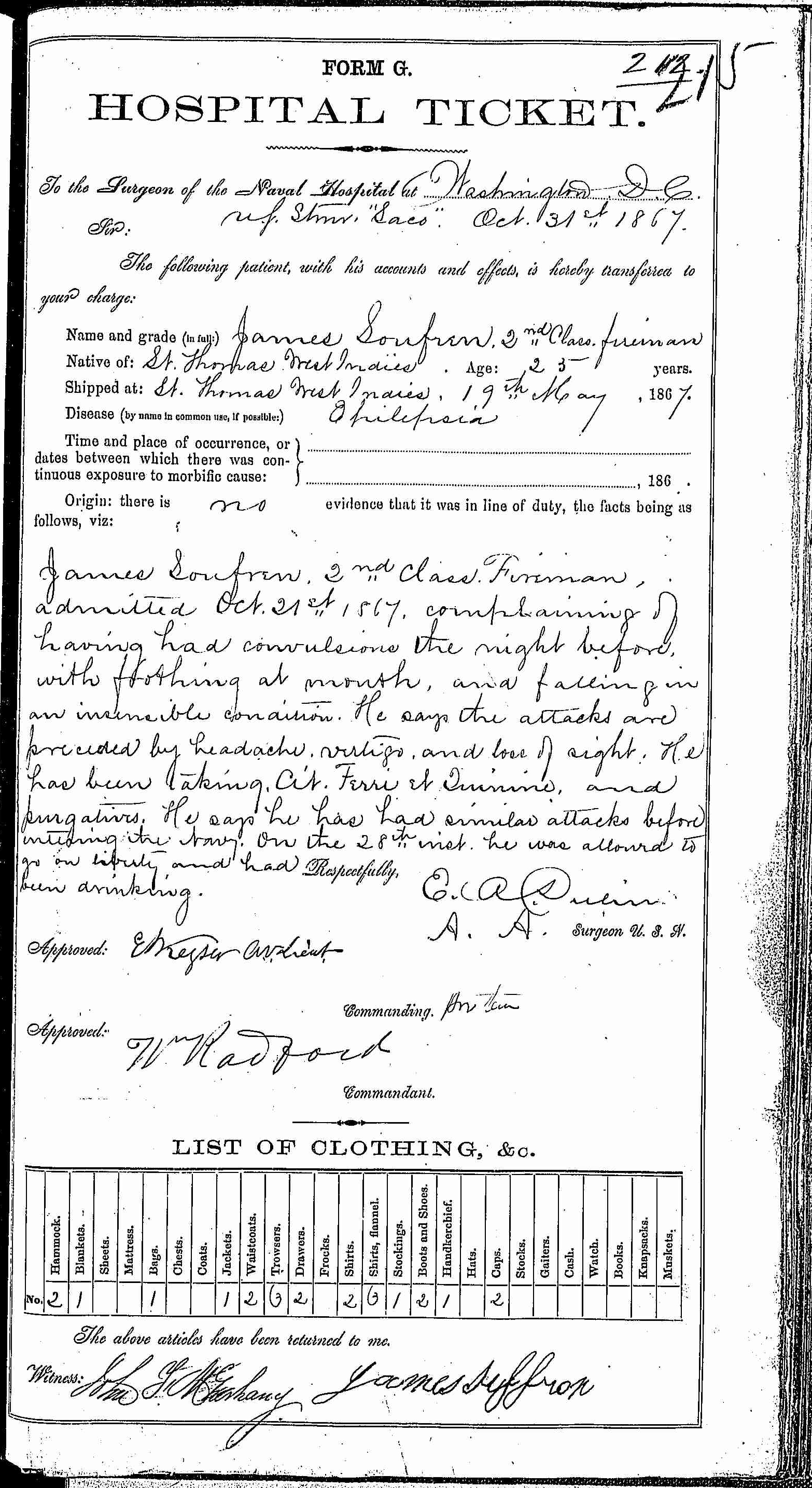 Entry for James Soufren (page 1 of 2) in the log Hospital Tickets and Case Papers - Naval Hospital - Washington, D.C. - 1866-68