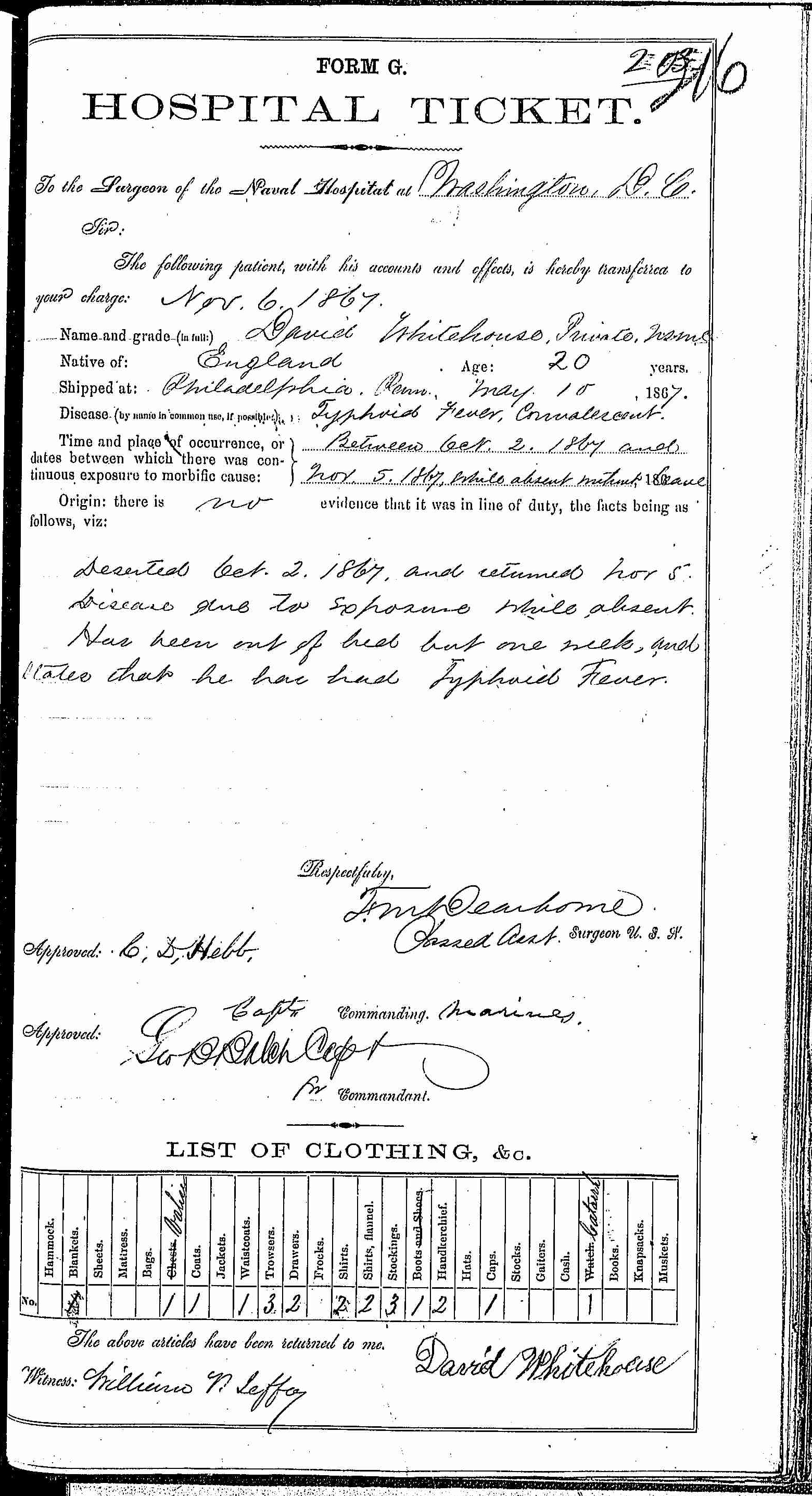 Entry for David Whitehouse (page 1 of 2) in the log Hospital Tickets and Case Papers - Naval Hospital - Washington, D.C. - 1866-68