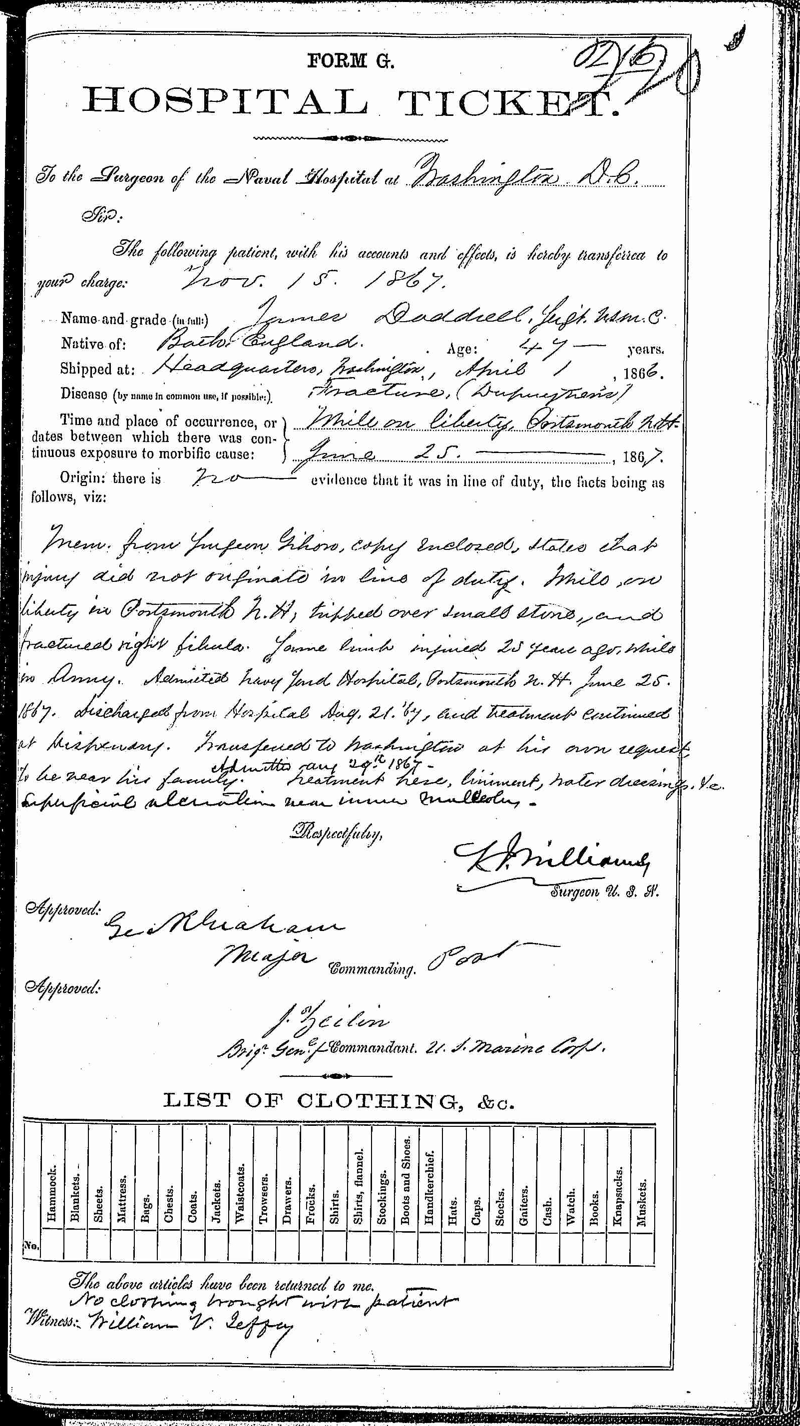Entry for James Doddrell (second admission page 1 of 2) in the log Hospital Tickets and Case Papers - Naval Hospital - Washington, D.C. - 1866-68