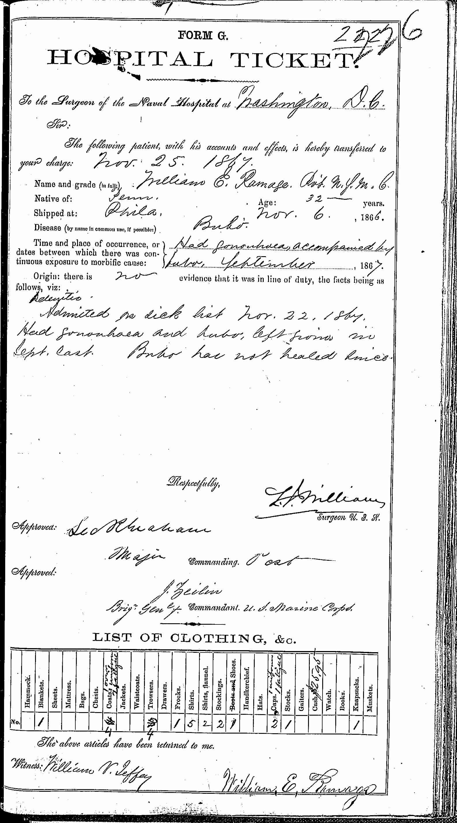 Entry for William E. Ramage (page 1 of 2) in the log Hospital Tickets and Case Papers - Naval Hospital - Washington, D.C. - 1866-68