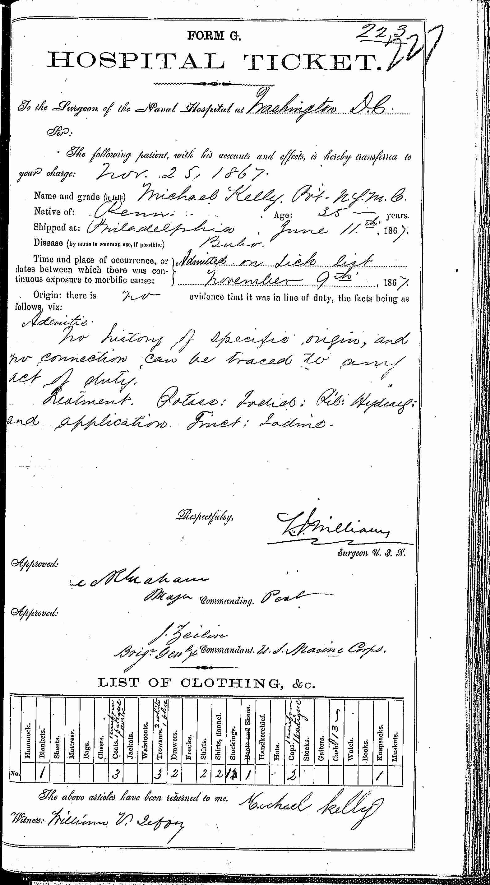 Entry for Michael Kelly (page 1 of 2) in the log Hospital Tickets and Case Papers - Naval Hospital - Washington, D.C. - 1866-68