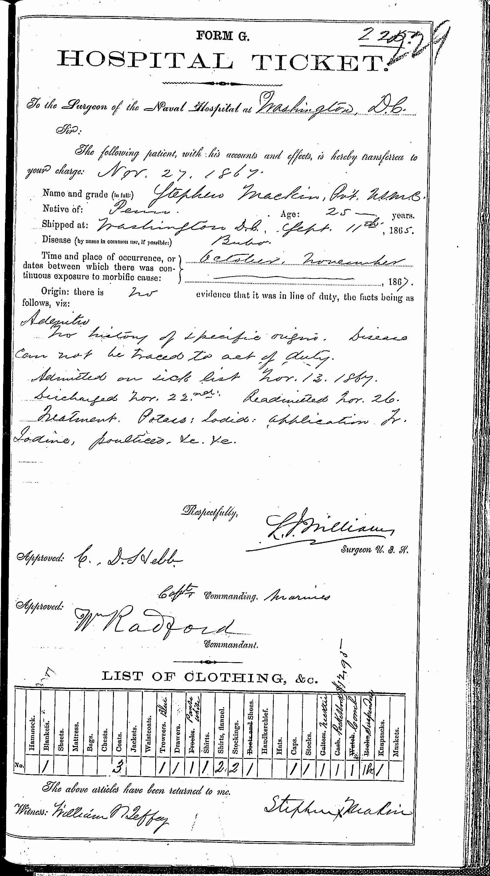 Entry for Stephen Mackin (page 1 of 2) in the log Hospital Tickets and Case Papers - Naval Hospital - Washington, D.C. - 1866-68