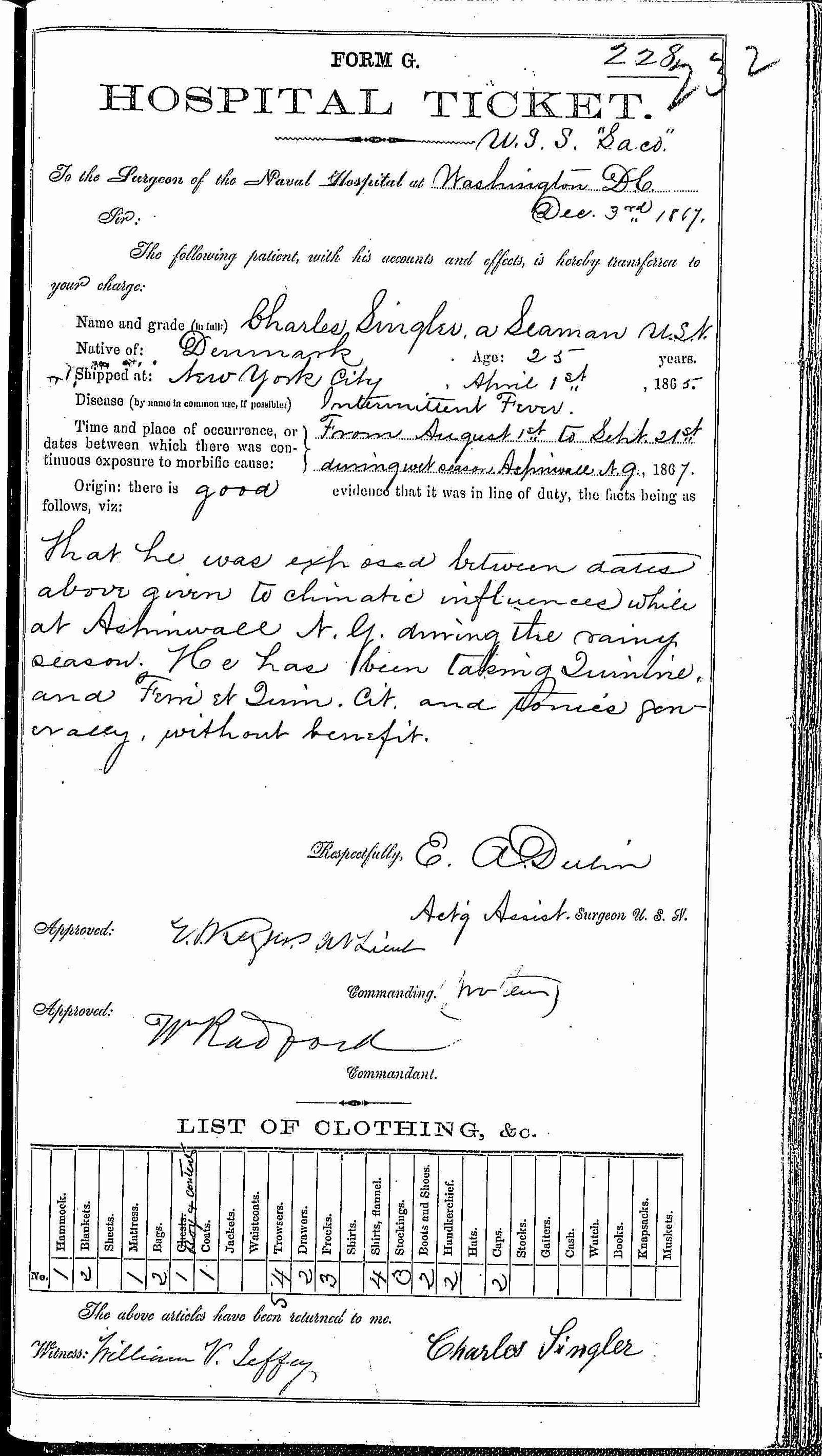 Entry for Charles Singler (page 1 of 2) in the log Hospital Tickets and Case Papers - Naval Hospital - Washington, D.C. - 1866-68