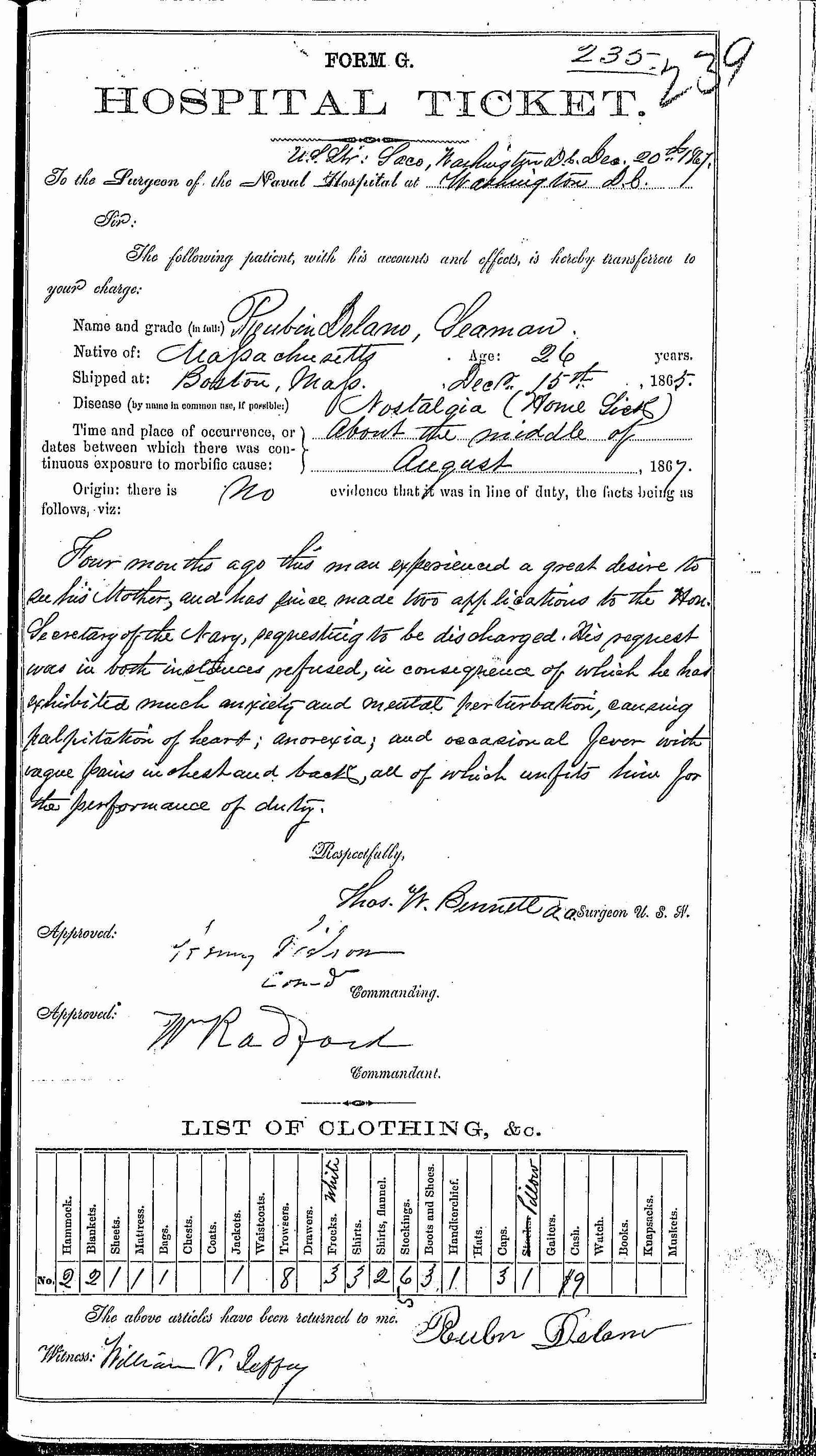 Entry for Reubin Delano (page 1 of 2) in the log Hospital Tickets and Case Papers - Naval Hospital - Washington, D.C. - 1866-68