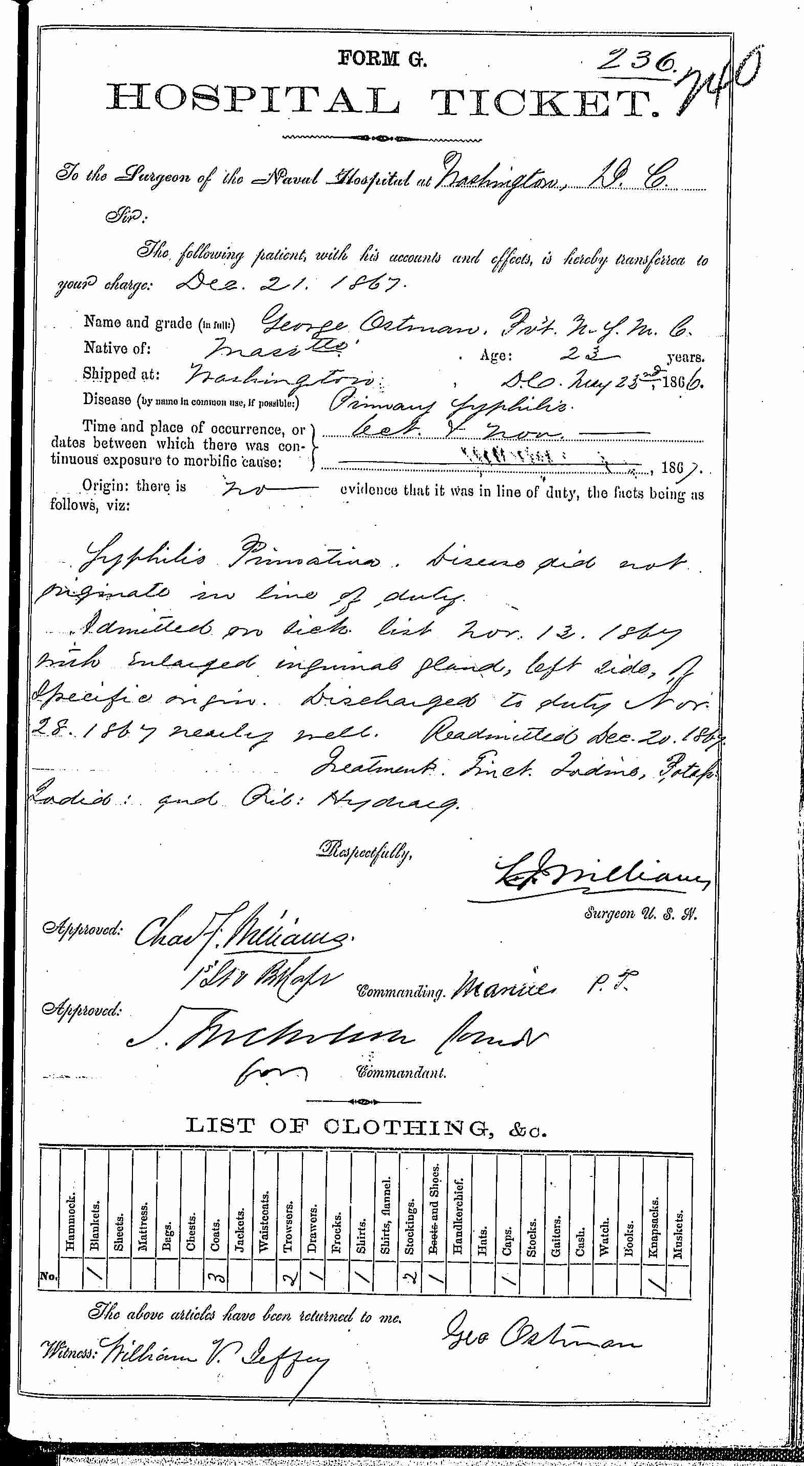 Entry for George Ostman (second admission page 1 of 2) in the log Hospital Tickets and Case Papers - Naval Hospital - Washington, D.C. - 1866-68