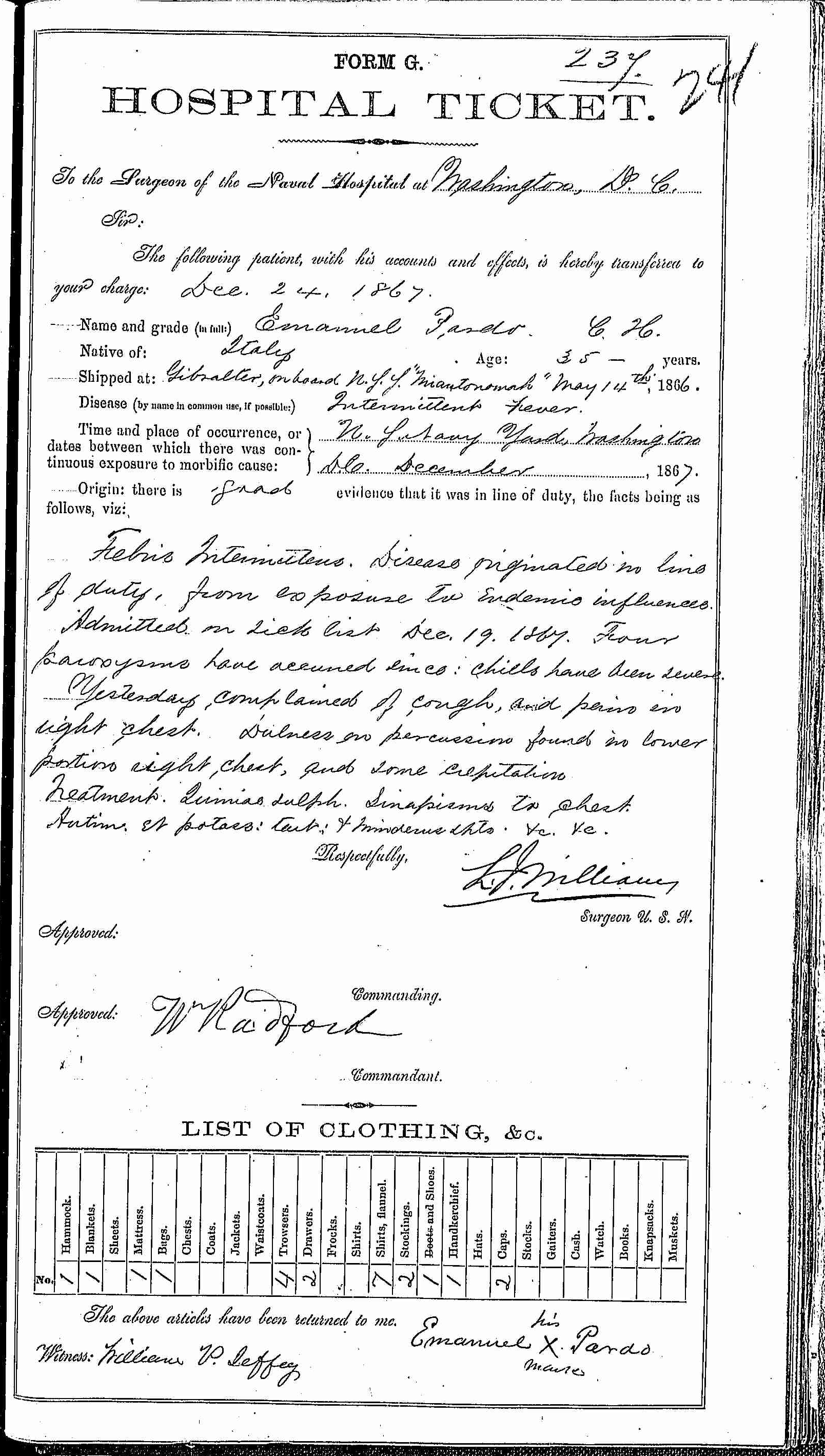 Entry for Emanuel Pardo (page 1 of 2) in the log Hospital Tickets and Case Papers - Naval Hospital - Washington, D.C. - 1866-68