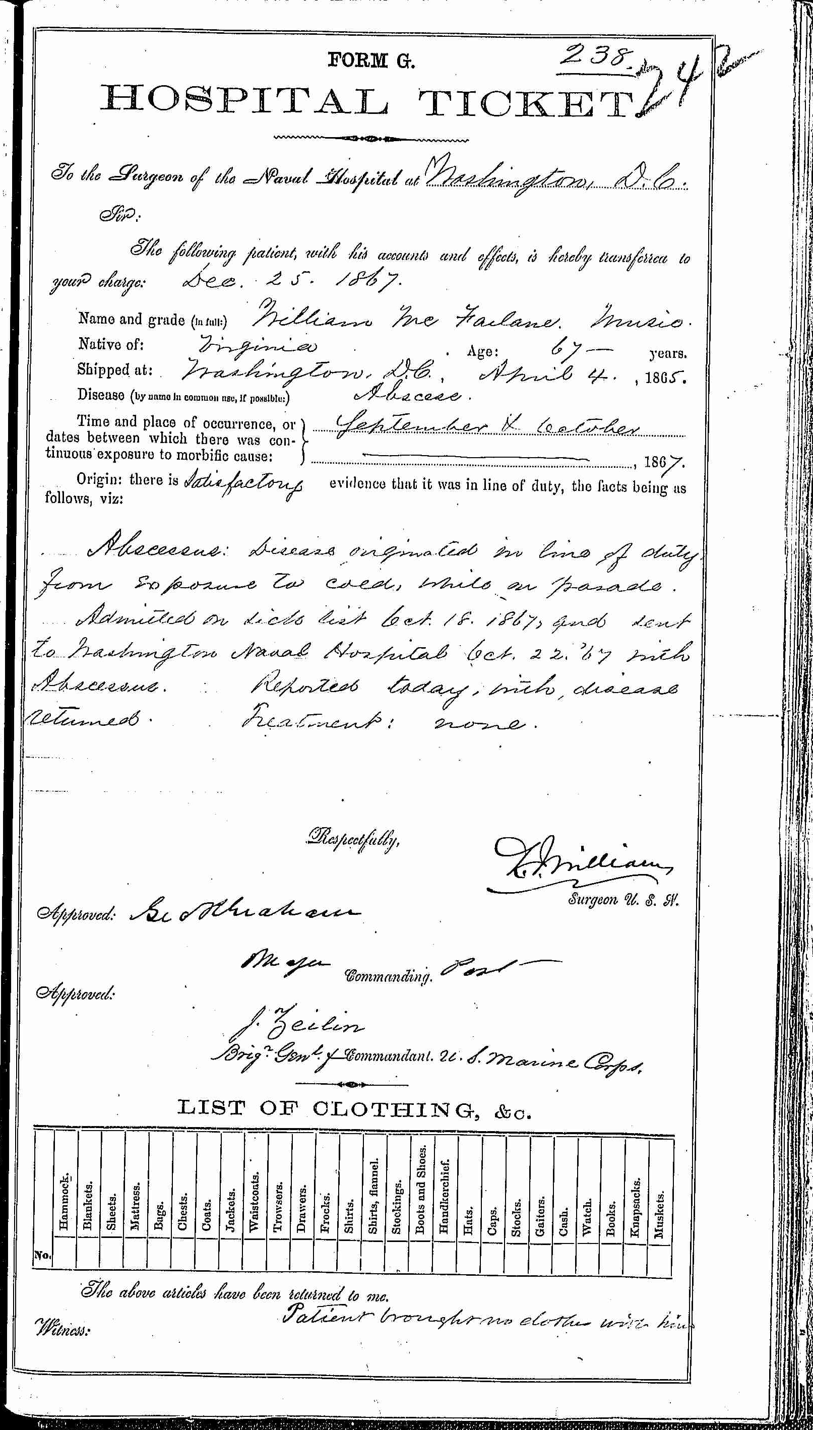 Entry for William McFarlane (second admission page 1 of 2) in the log Hospital Tickets and Case Papers - Naval Hospital - Washington, D.C. - 1866-68