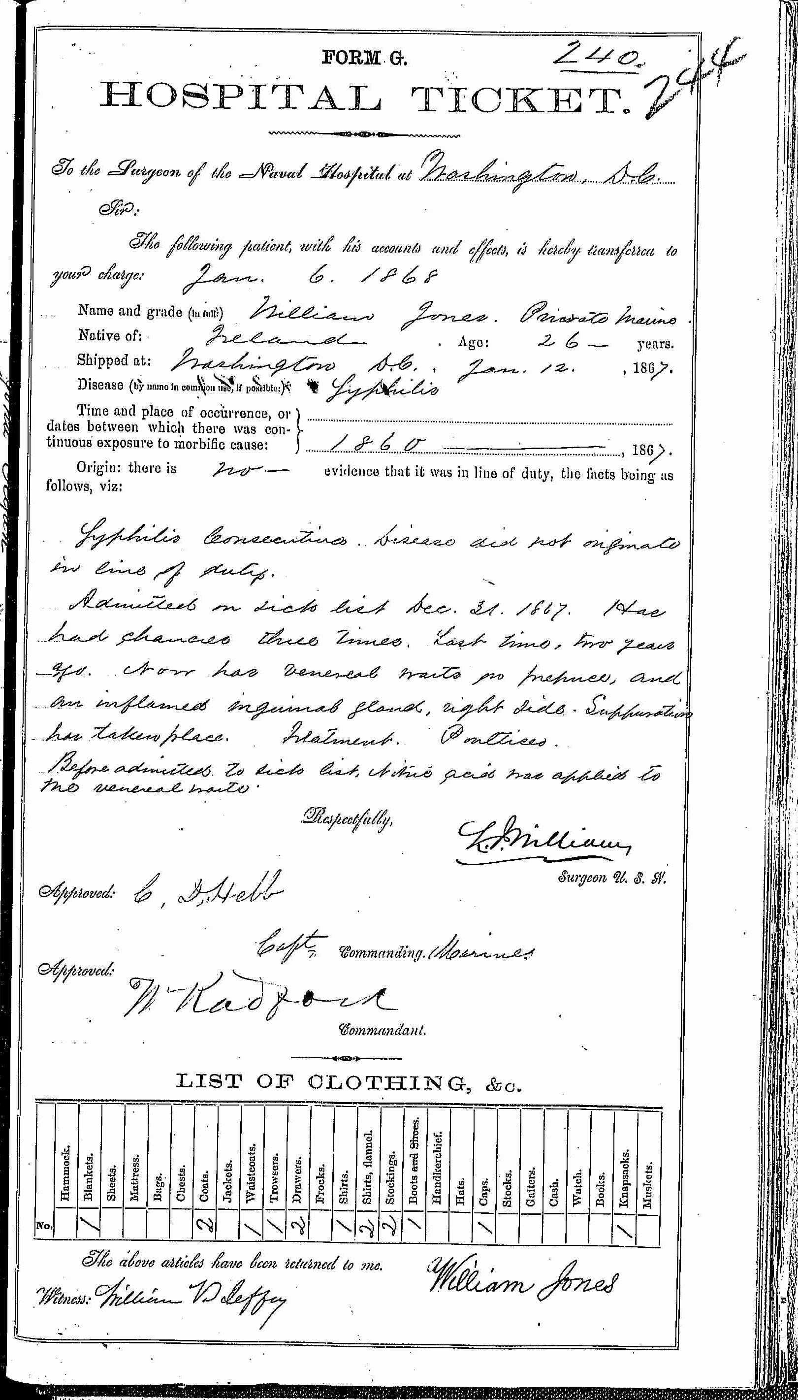Entry for William Jones (second admission page 1 of 2) in the log Hospital Tickets and Case Papers - Naval Hospital - Washington, D.C. - 1866-68