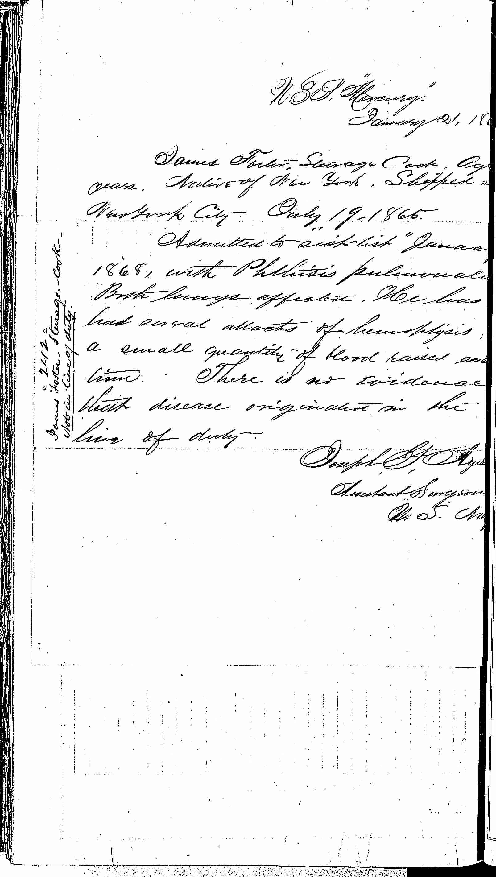 Entry for James Foster (page 2 of 2) in the log Hospital Tickets and Case Papers - Naval Hospital - Washington, D.C. - 1866-68