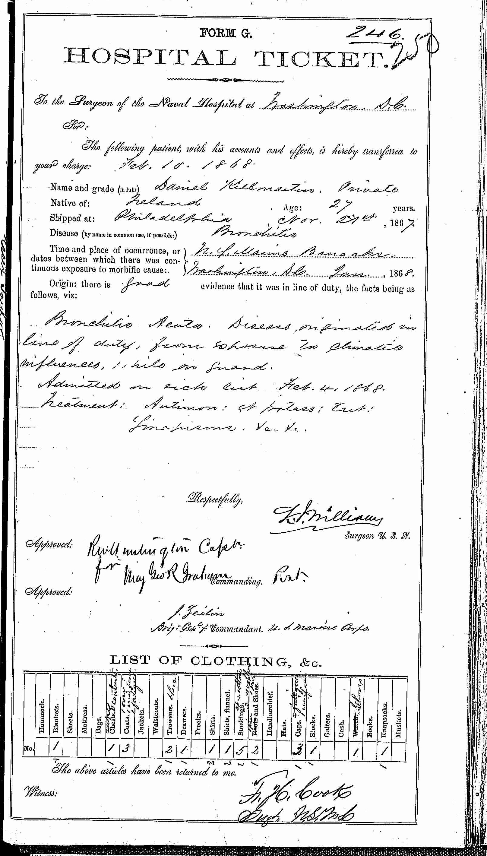 Entry for Daniel Killmartin (page 1 of 2) in the log Hospital Tickets and Case Papers - Naval Hospital - Washington, D.C. - 1866-68