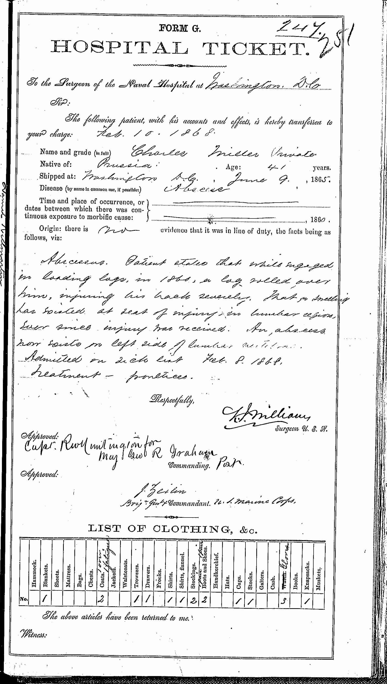 Entry for Charles Miller (page 1 of 2) in the log Hospital Tickets and Case Papers - Naval Hospital - Washington, D.C. - 1866-68