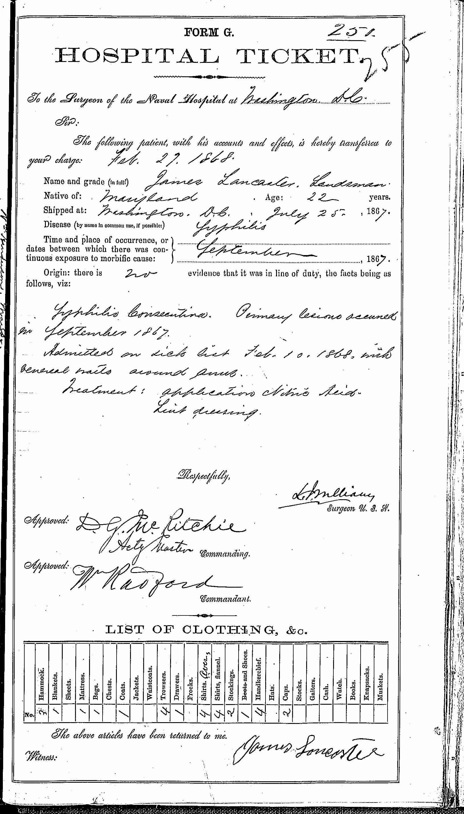 Entry for James Lancaster (page 1 of 2) in the log Hospital Tickets and Case Papers - Naval Hospital - Washington, D.C. - 1866-68