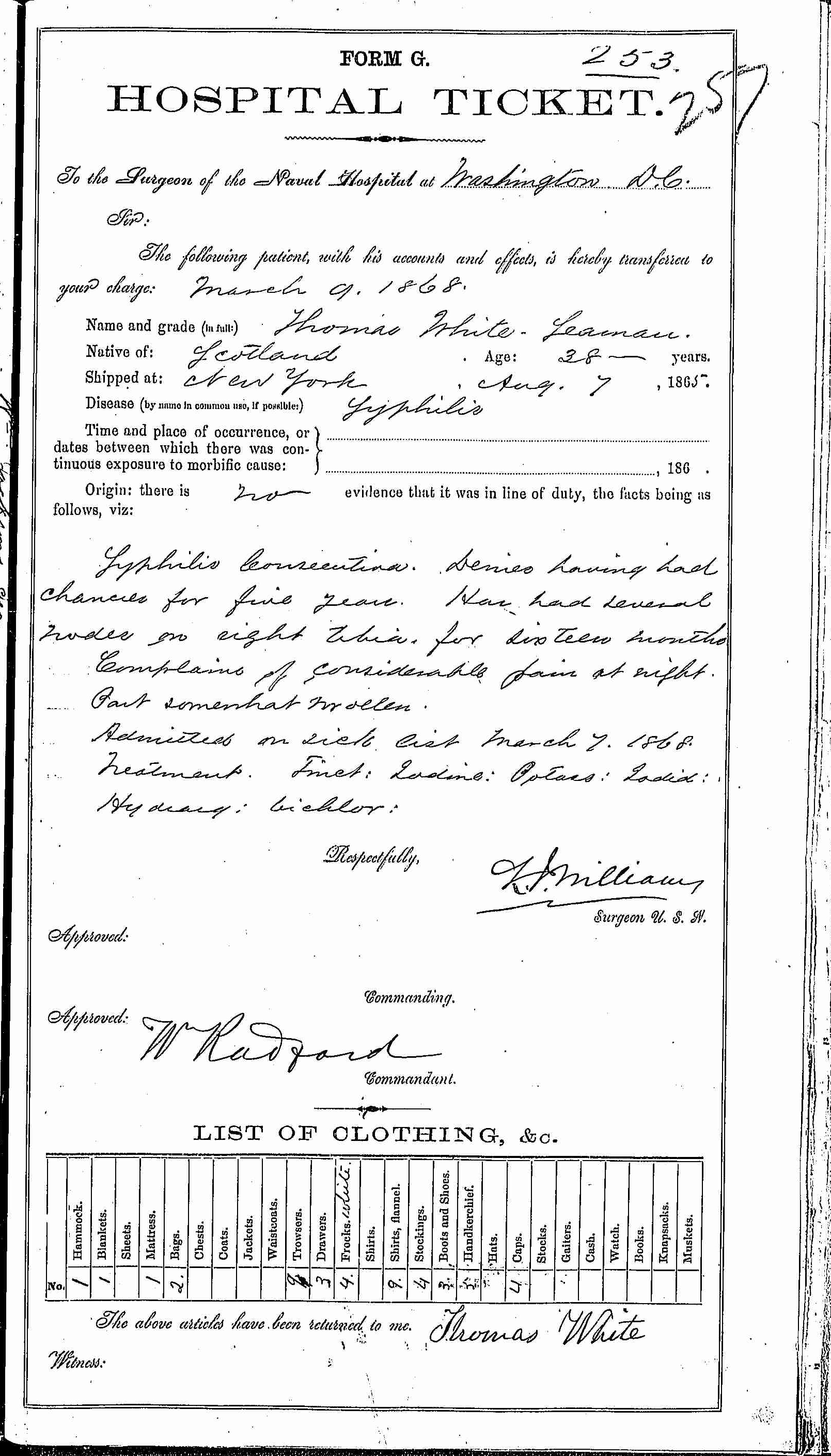 Entry for Thomas White (second admission page 1 of 2) in the log Hospital Tickets and Case Papers - Naval Hospital - Washington, D.C. - 1866-68