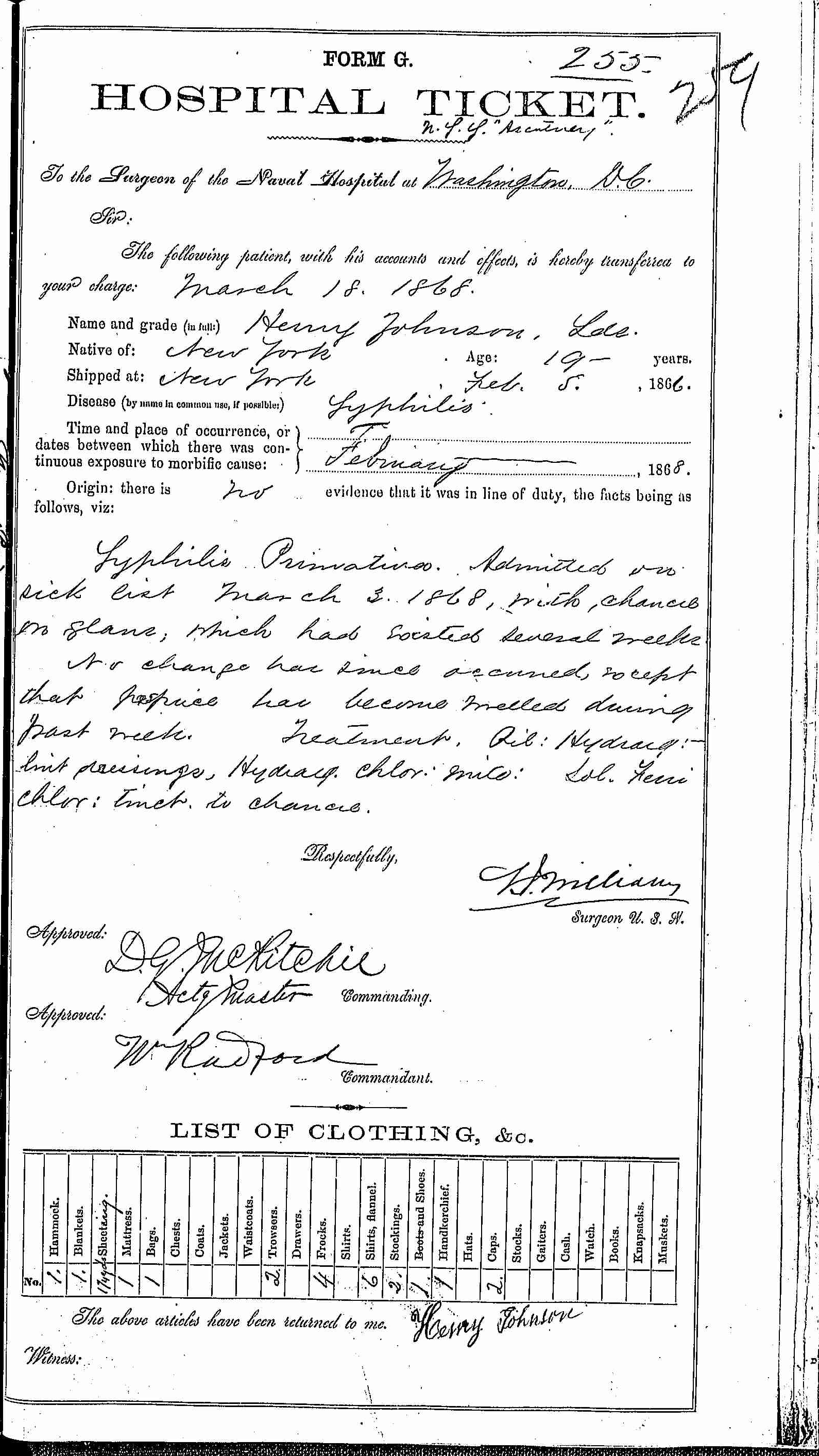Entry for Henry Johnson (page 1 of 2) in the log Hospital Tickets and Case Papers - Naval Hospital - Washington, D.C. - 1866-68