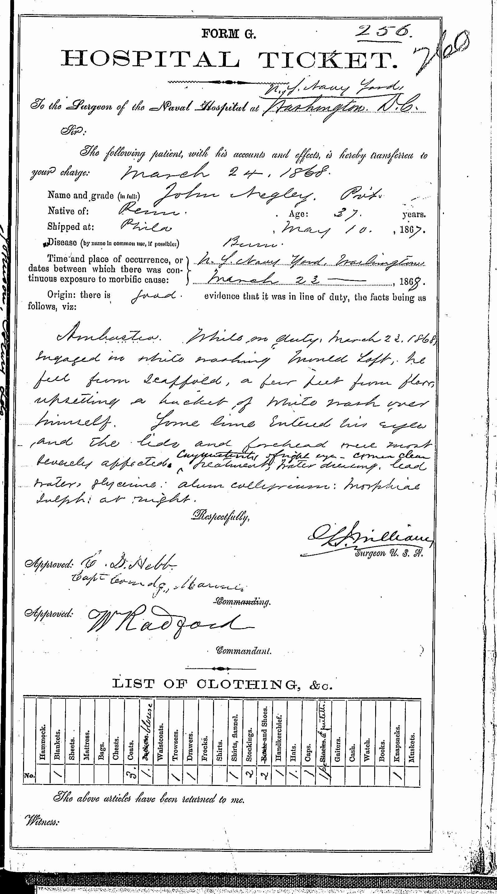 Entry for John Negley (page 1 of 2) in the log Hospital Tickets and Case Papers - Naval Hospital - Washington, D.C. - 1866-68