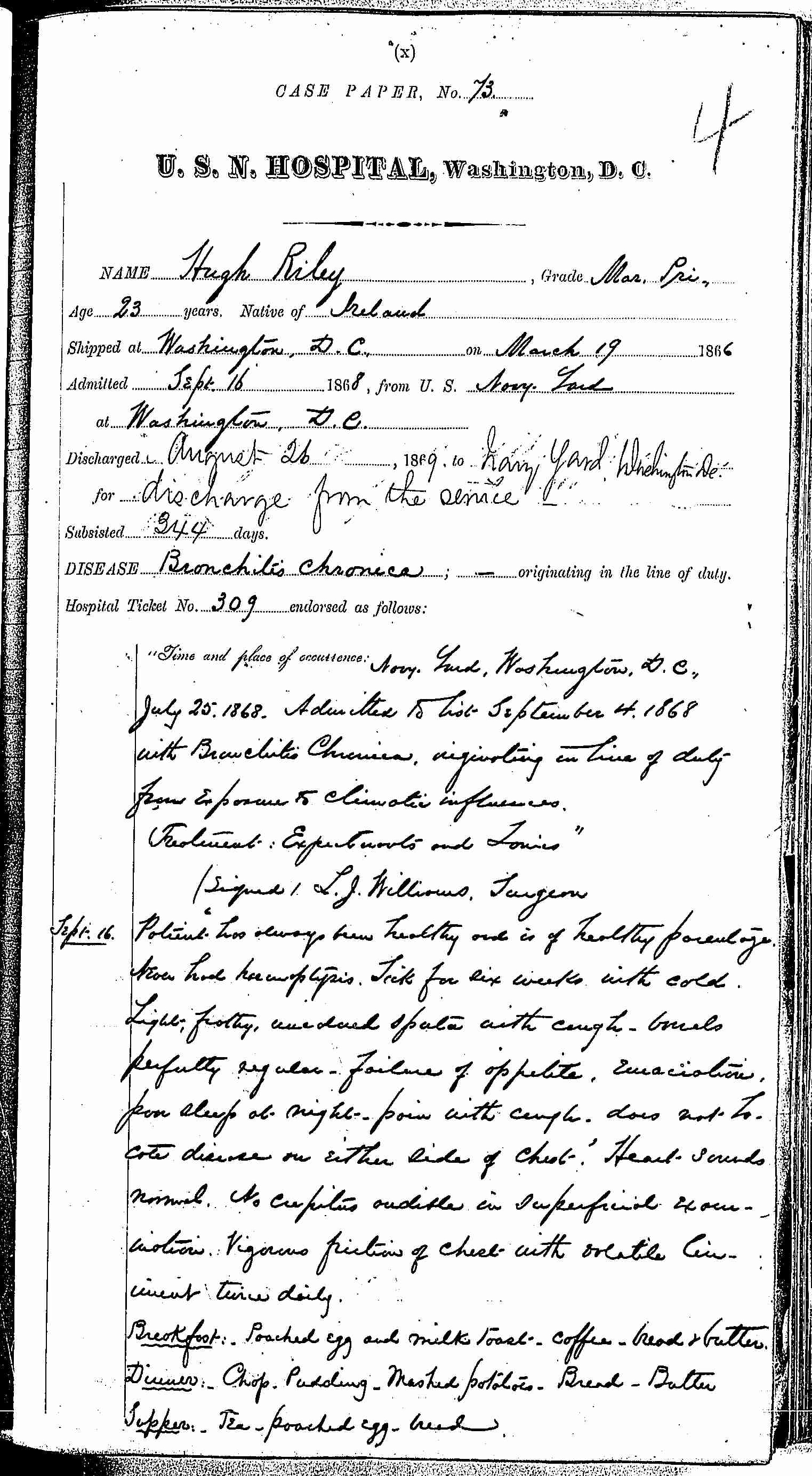 Entry for Hugh Riley (page 1 of 31) in the log Hospital Tickets and Case Papers - Naval Hospital - Washington, D.C. - 1868-69