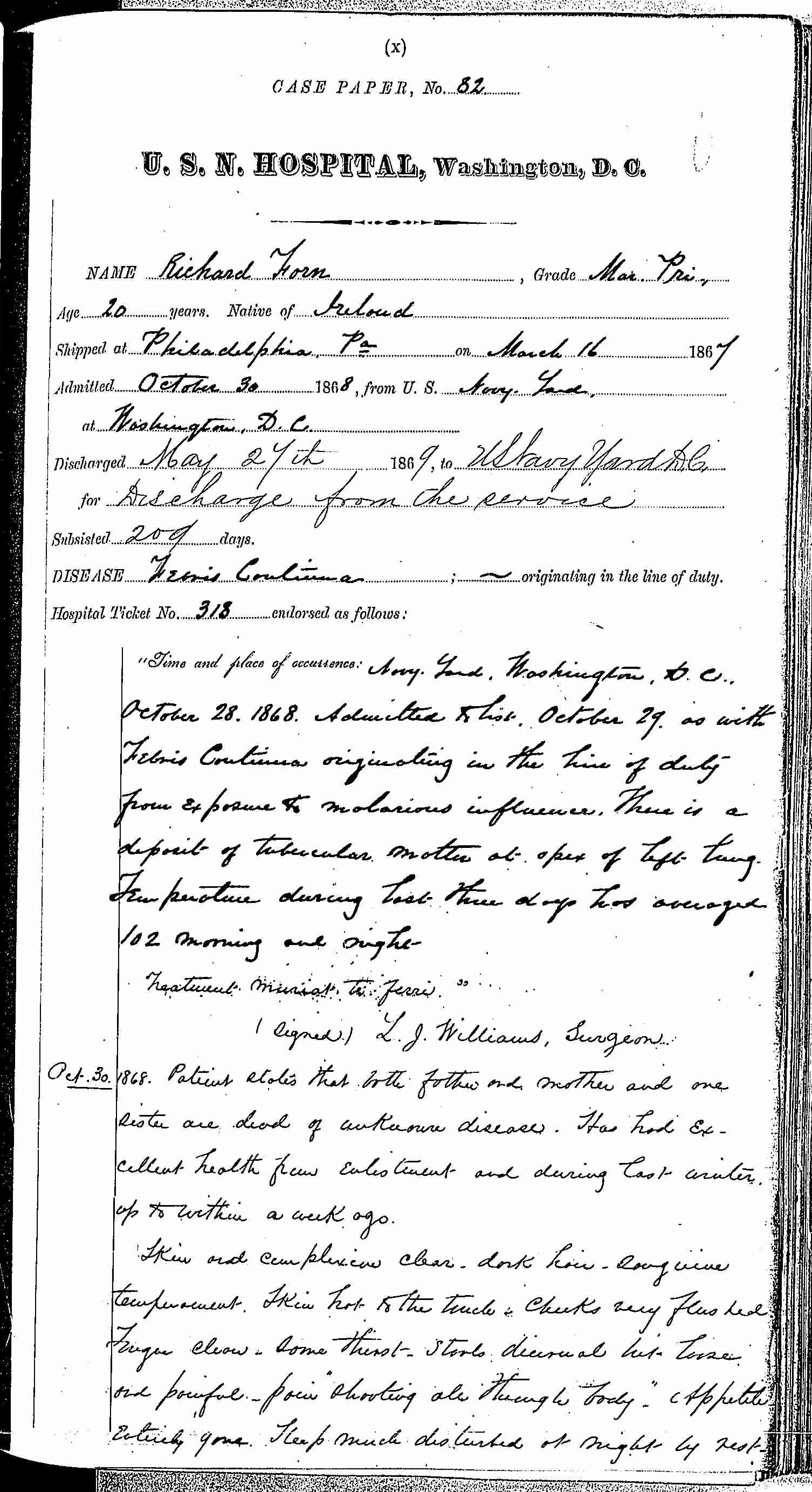 Entry for Richard Forn (page 1 of 21) in the log Hospital Tickets and Case Papers - Naval Hospital - Washington, D.C. - 1868-69