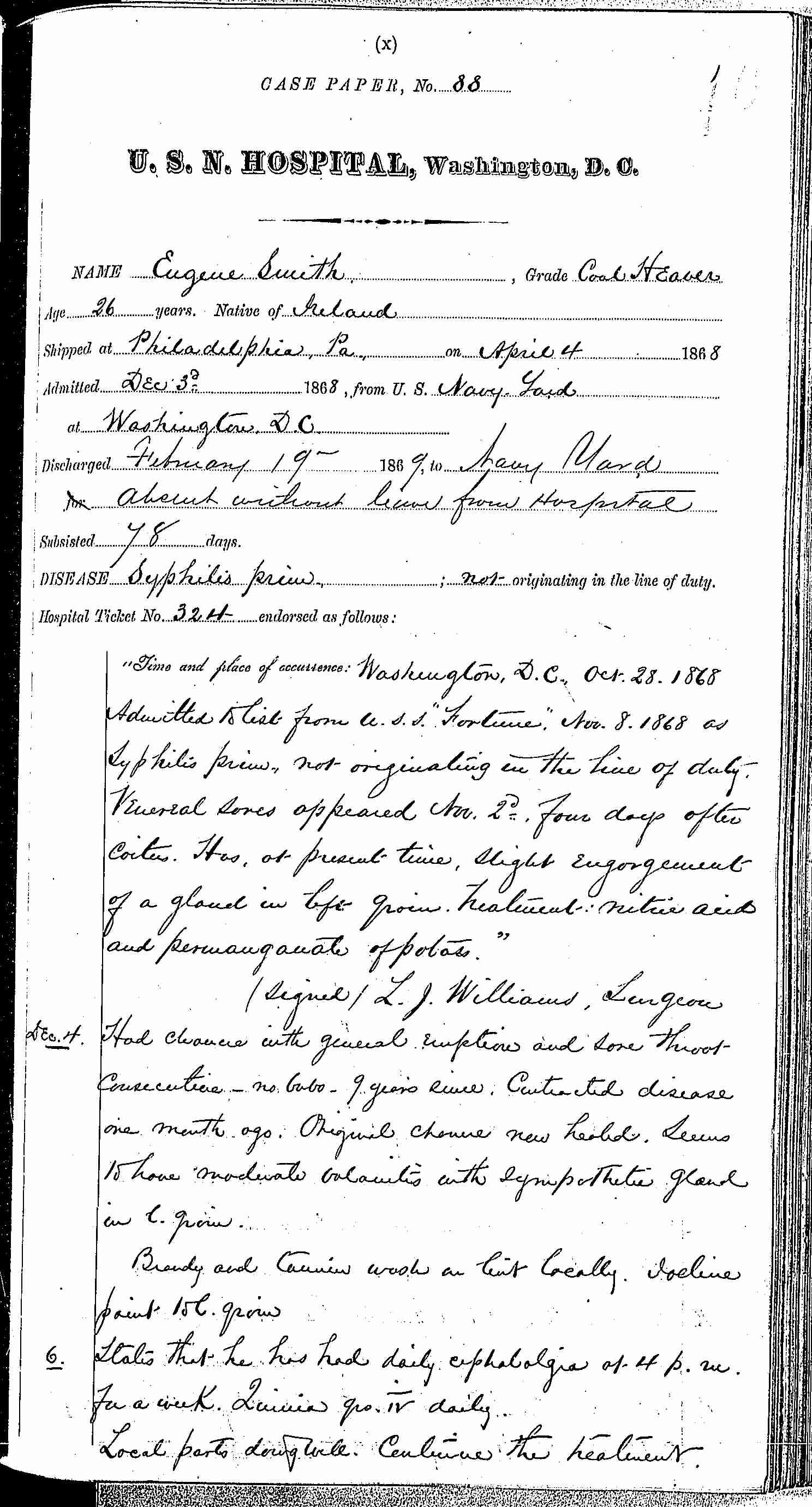 Entry for Eugene Smith (page 1 of 6) in the log Hospital Tickets and Case Papers - Naval Hospital - Washington, D.C. - 1868-69
