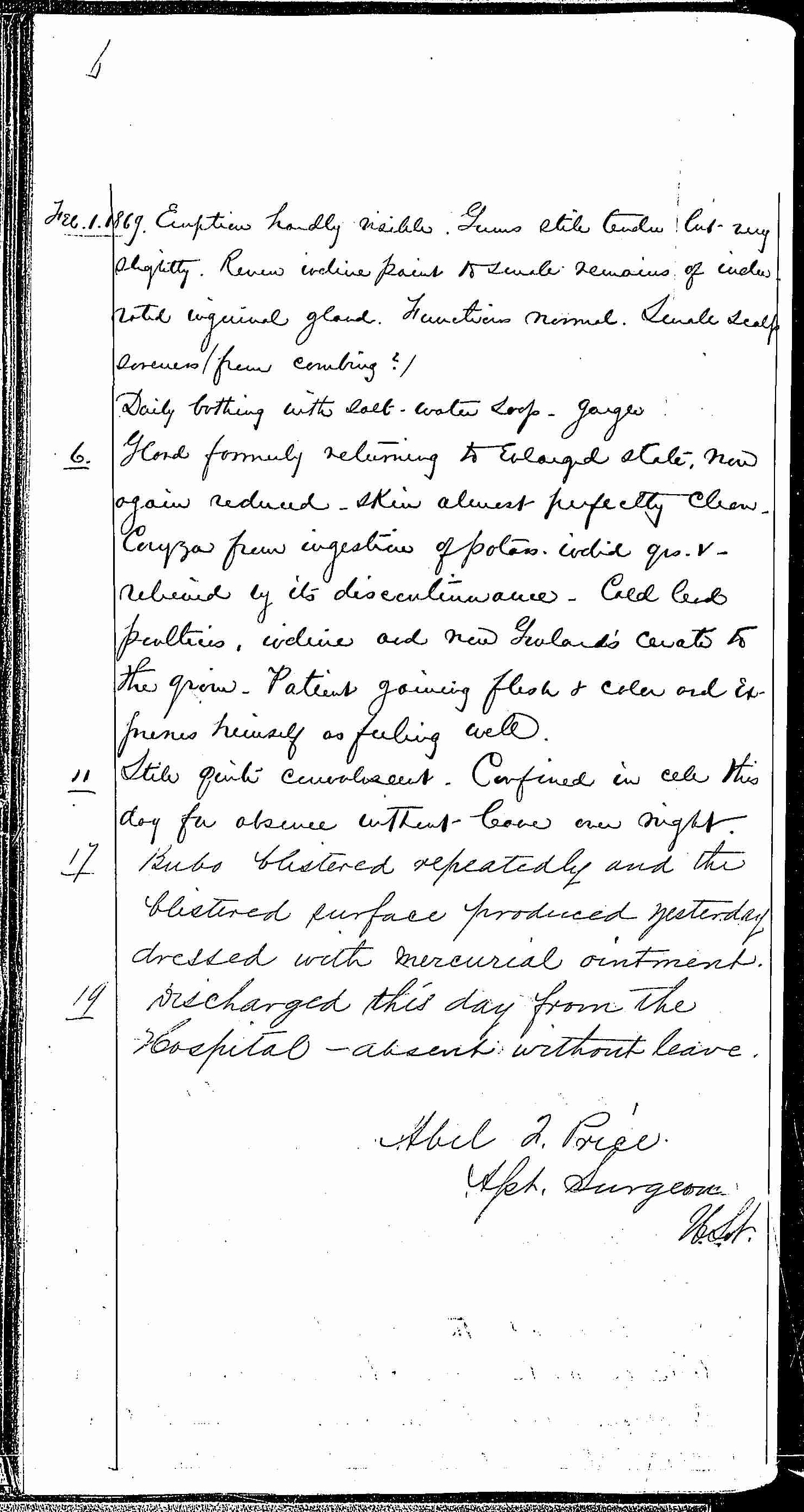 Entry for Eugene Smith (page 6 of 6) in the log Hospital Tickets and Case Papers - Naval Hospital - Washington, D.C. - 1868-69