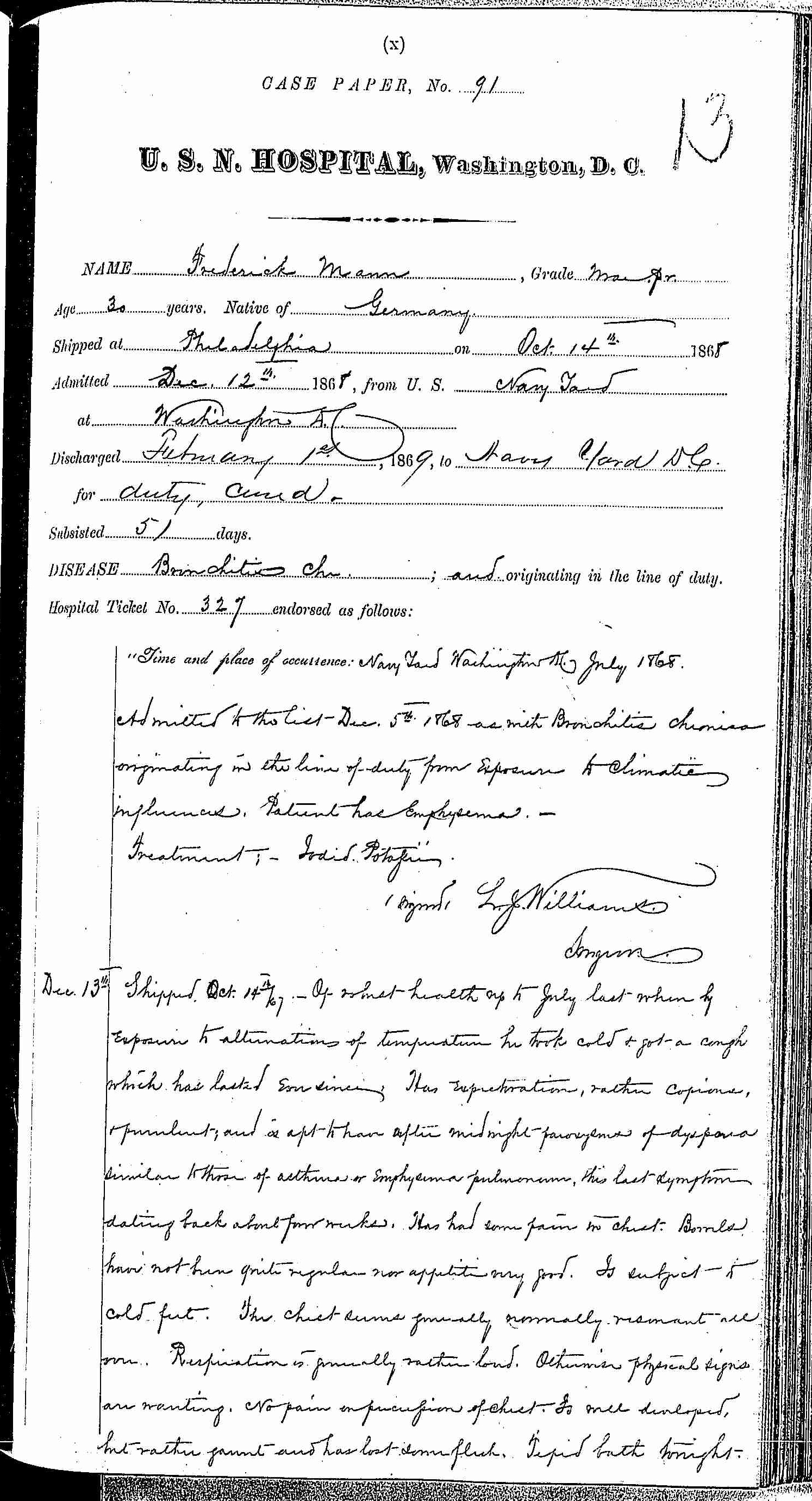Entry for Frederick Mann (first admission page 1 of 4) in the log Hospital Tickets and Case Papers - Naval Hospital - Washington, D.C. - 1868-69