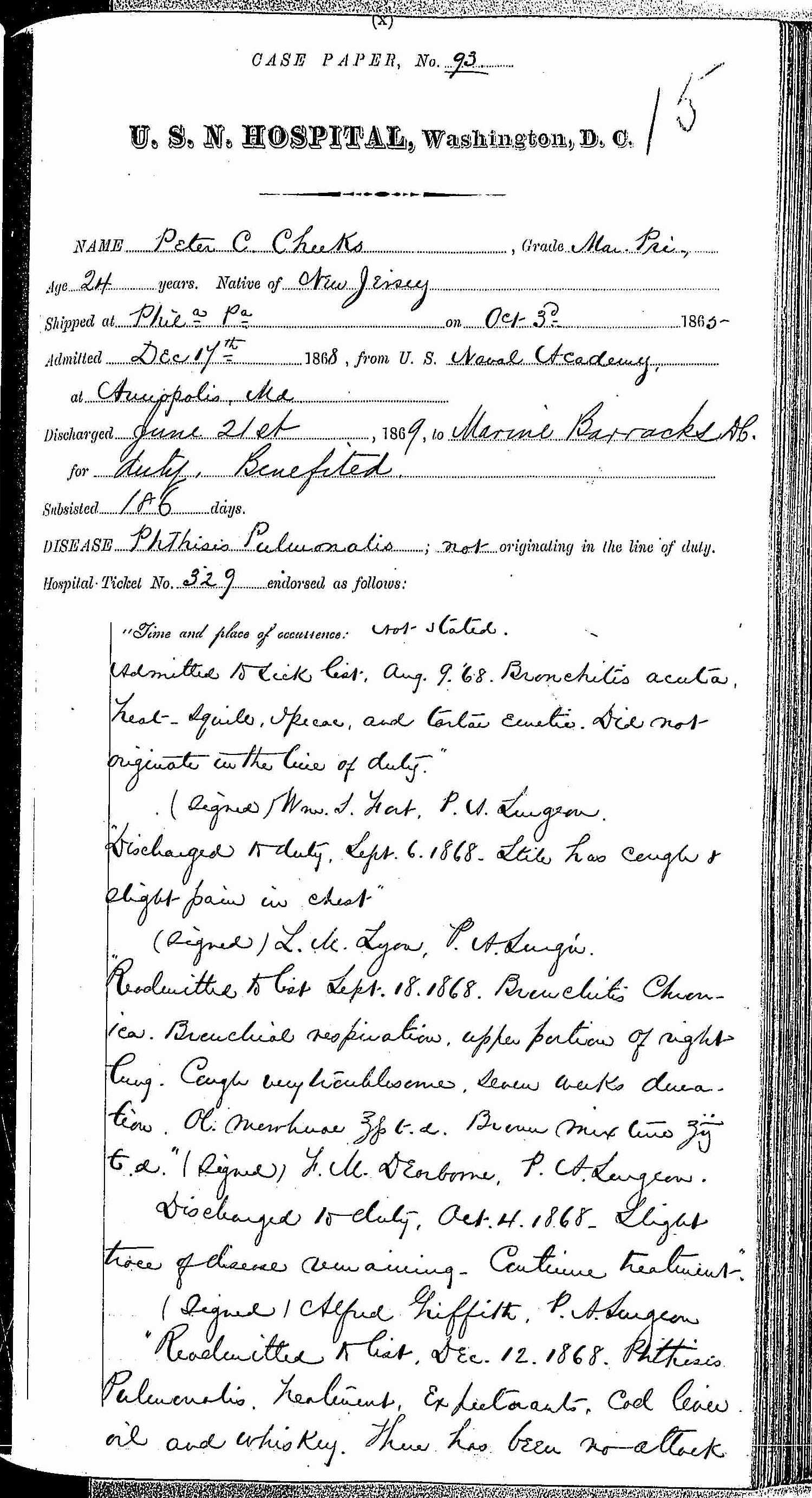Entry for Peter C. Cheeks (page 1 of 16) in the log Hospital Tickets and Case Papers - Naval Hospital - Washington, D.C. - 1868-69