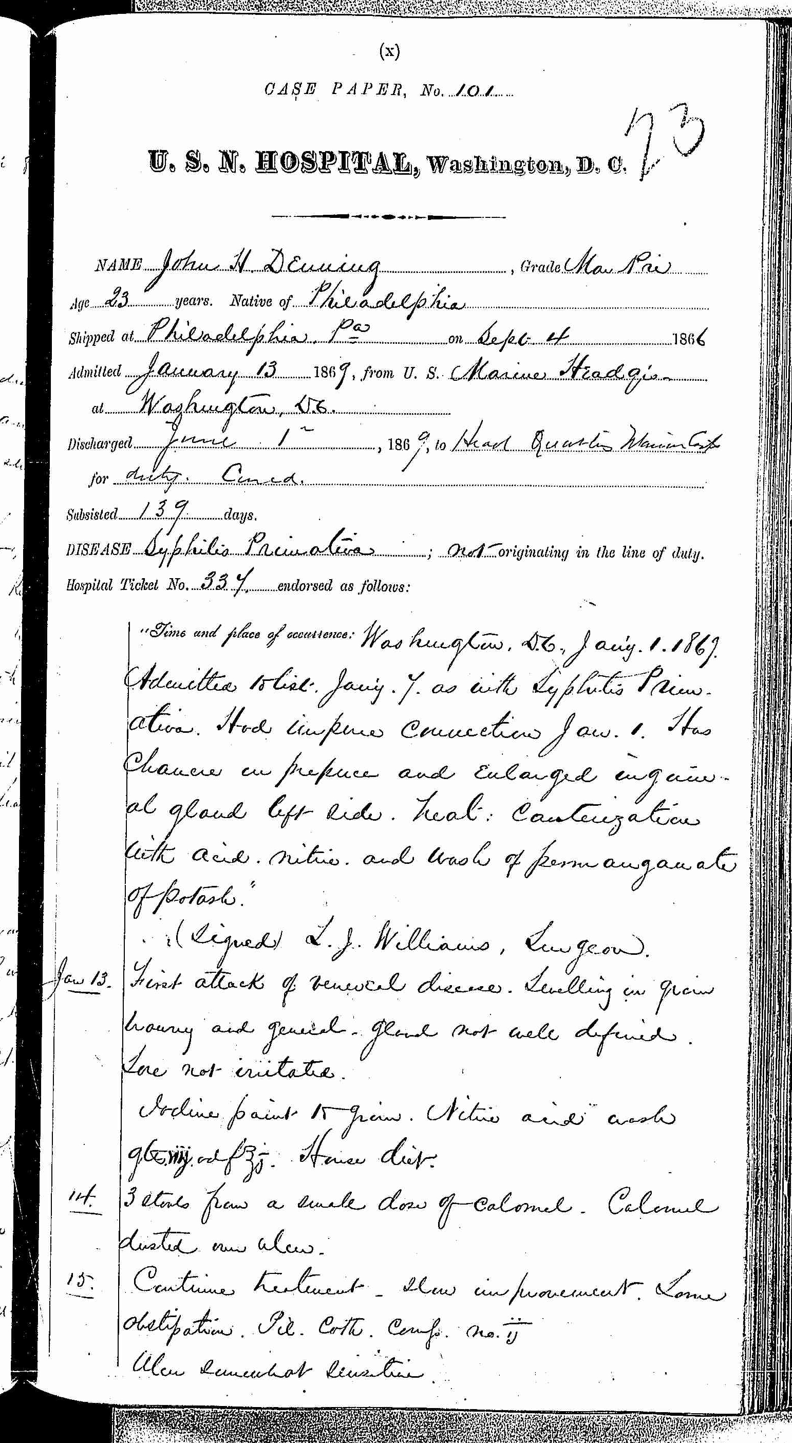 Entry for John H. Denning (first admission page 1 of 9) in the log Hospital Tickets and Case Papers - Naval Hospital - Washington, D.C. - 1868-69