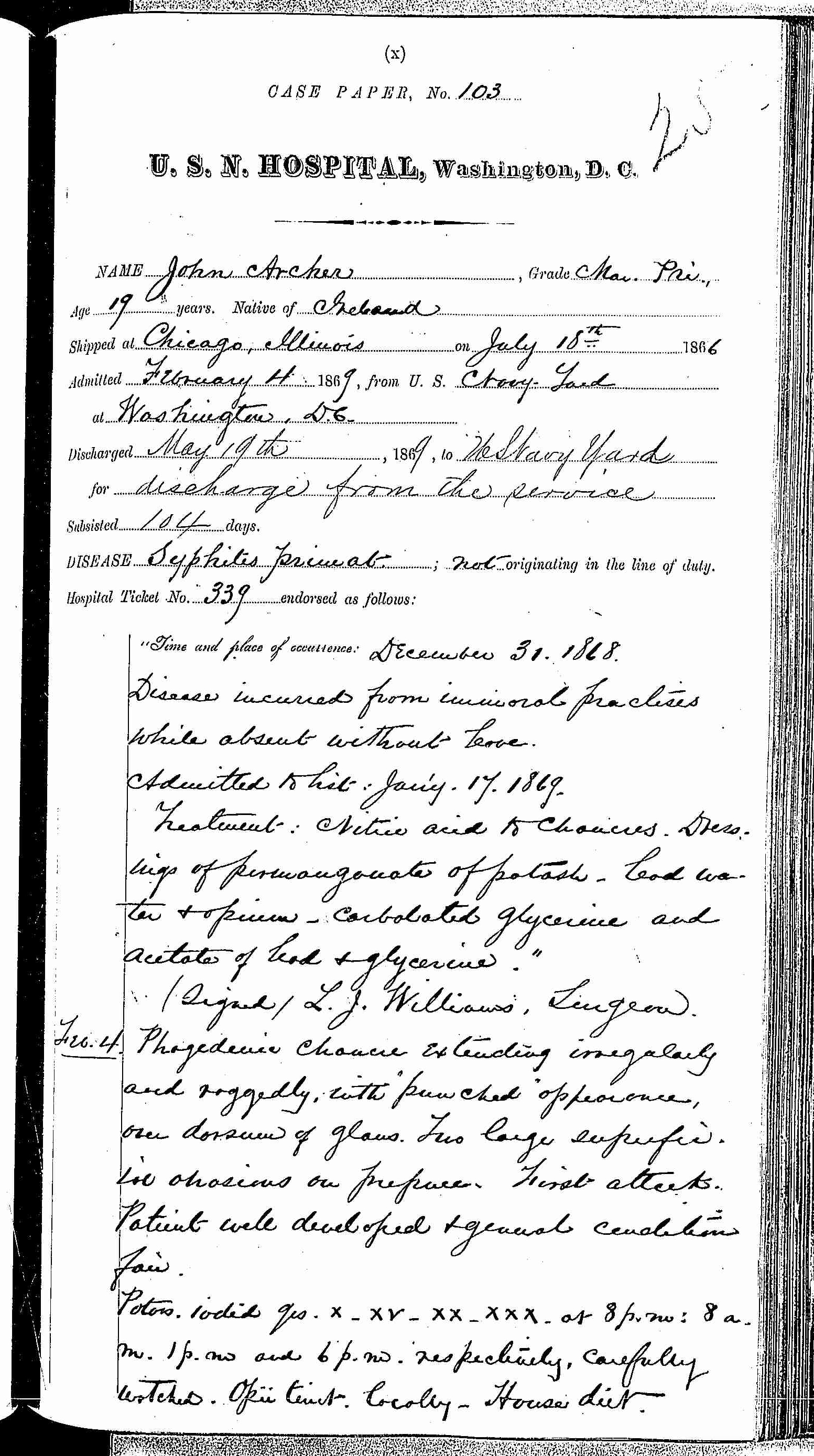 Entry for John Archer (page 1 of 5) in the log Hospital Tickets and Case Papers - Naval Hospital - Washington, D.C. - 1868-69