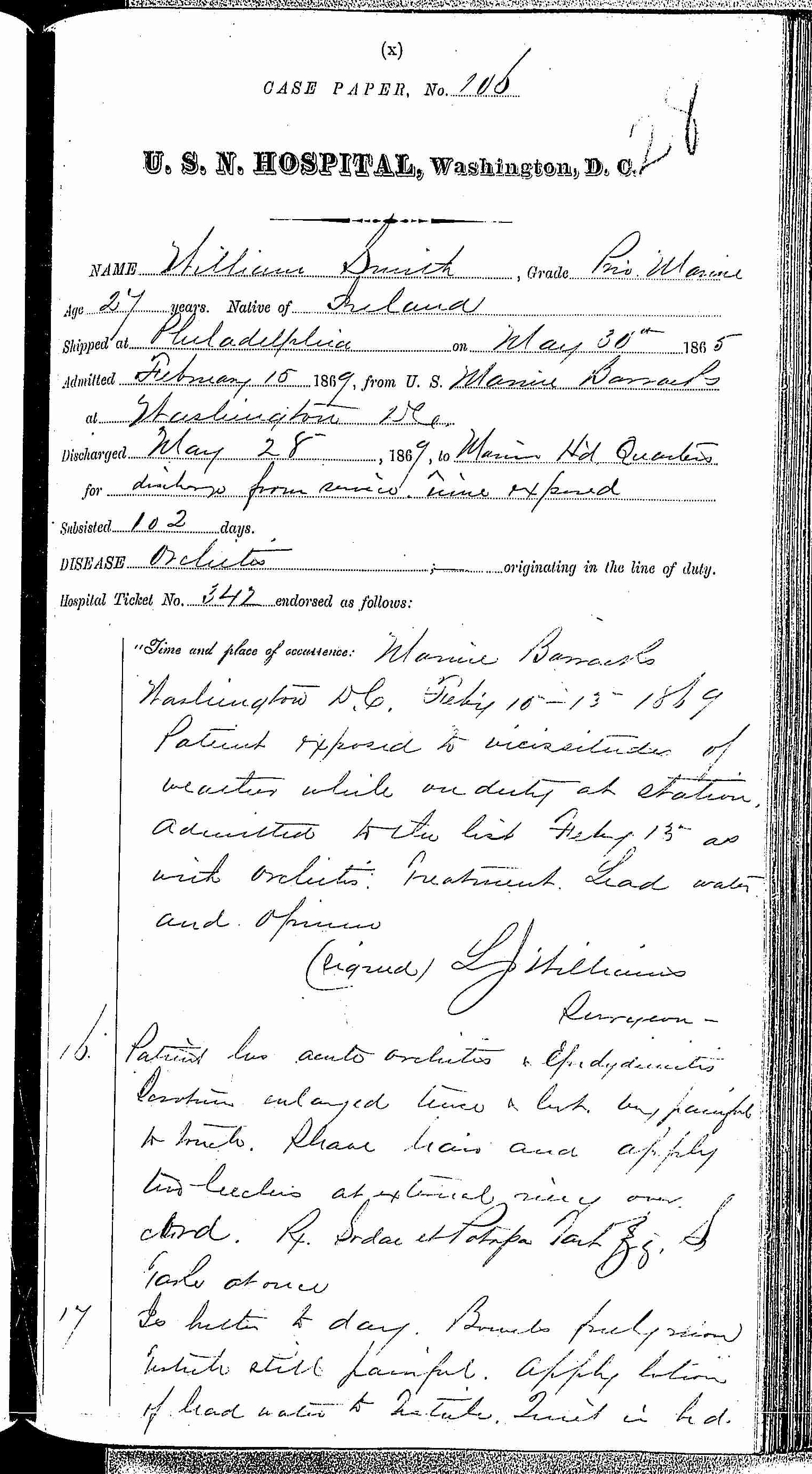 Entry for William Smith (page 1 of 3) in the log Hospital Tickets and Case Papers - Naval Hospital - Washington, D.C. - 1868-69