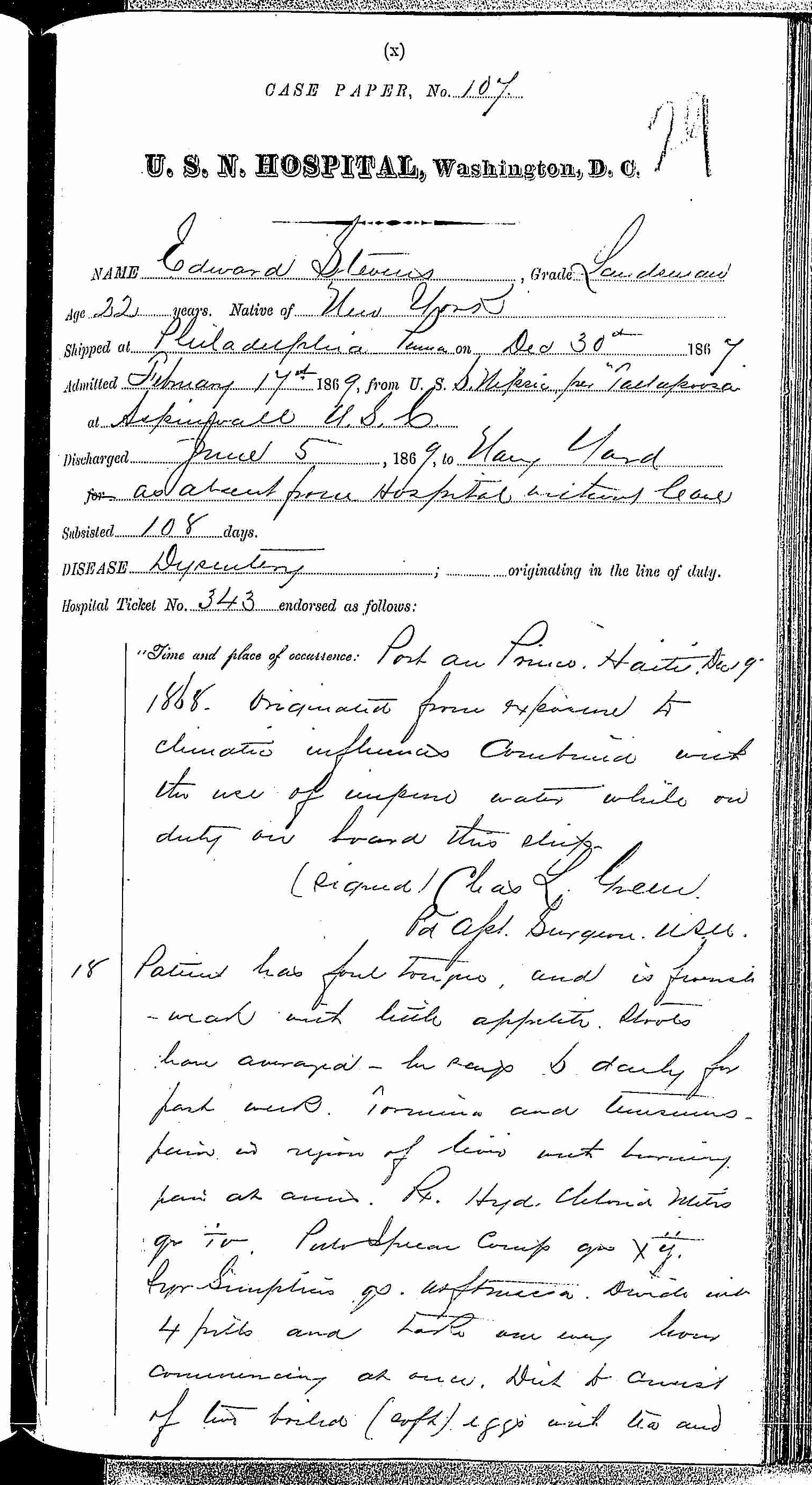 Entry for Edward Stevens (page 1 of 5) in the log Hospital Tickets and Case Papers - Naval Hospital - Washington, D.C. - 1868-69