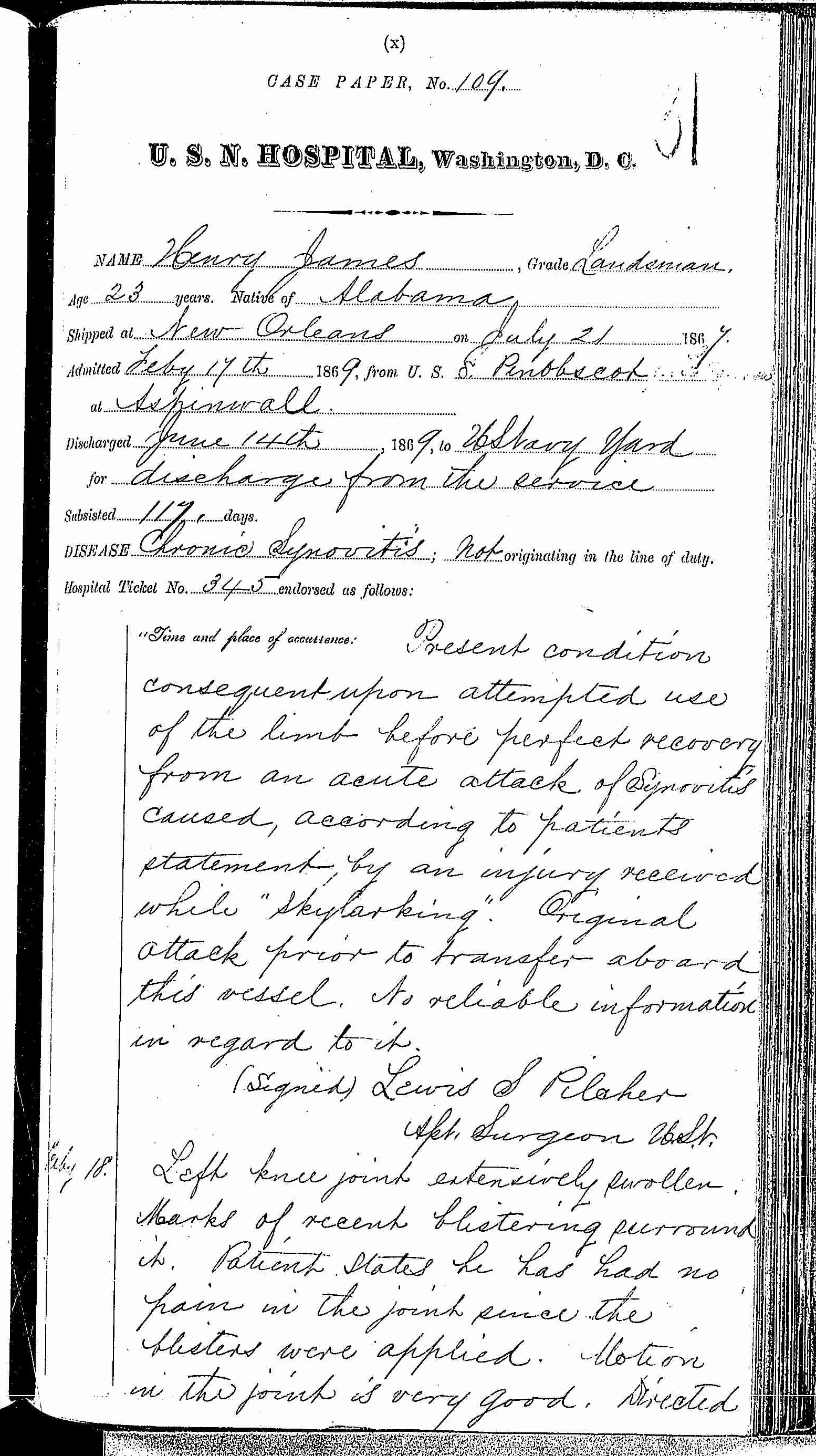 Entry for Henry James (page 1 of 8) in the log Hospital Tickets and Case Papers - Naval Hospital - Washington, D.C. - 1868-69