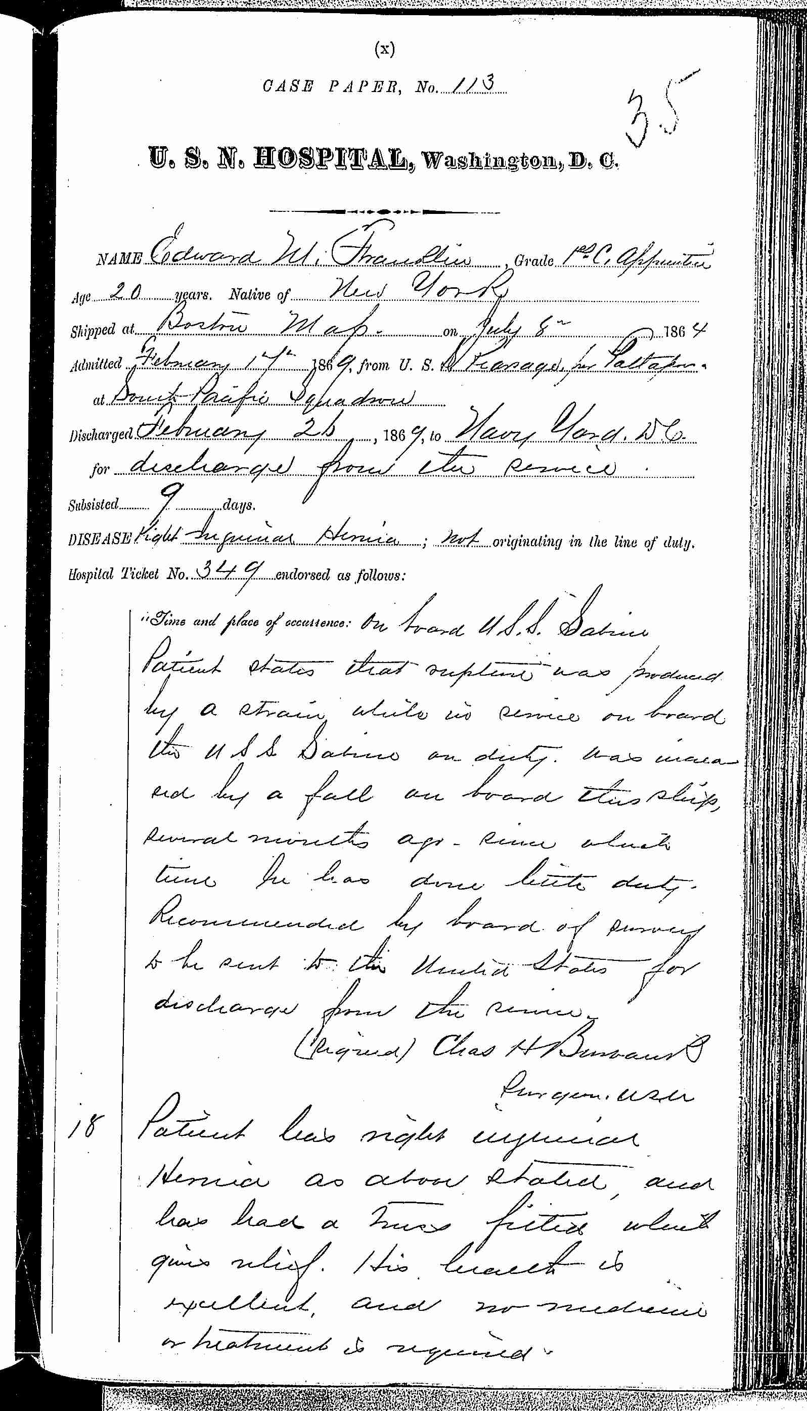 Entry for Edward W. Franklin (page 1 of 2) in the log Hospital Tickets and Case Papers - Naval Hospital - Washington, D.C. - 1868-69