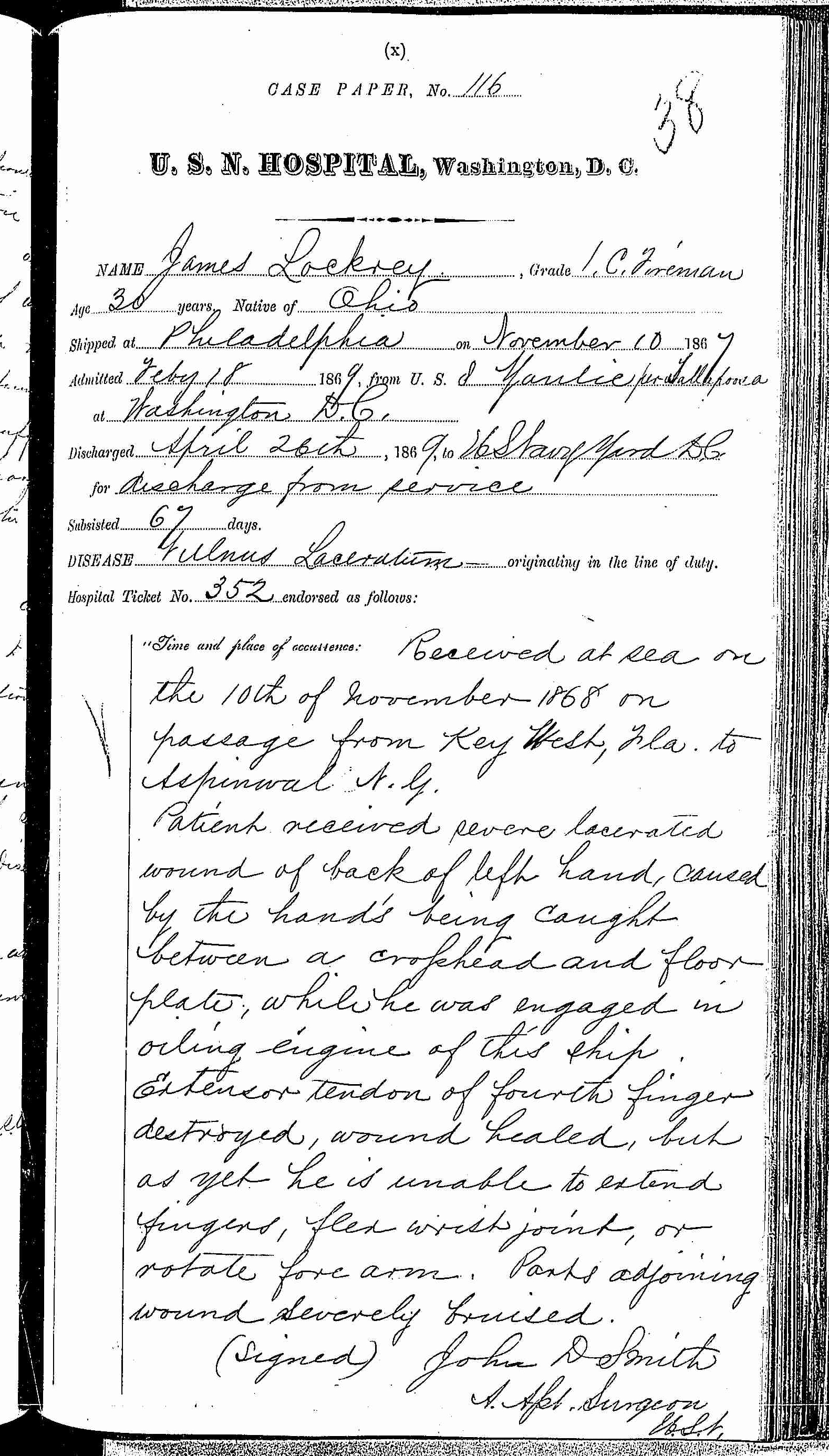 Entry for James Lockrey (page 1 of 5) in the log Hospital Tickets and Case Papers - Naval Hospital - Washington, D.C. - 1868-69
