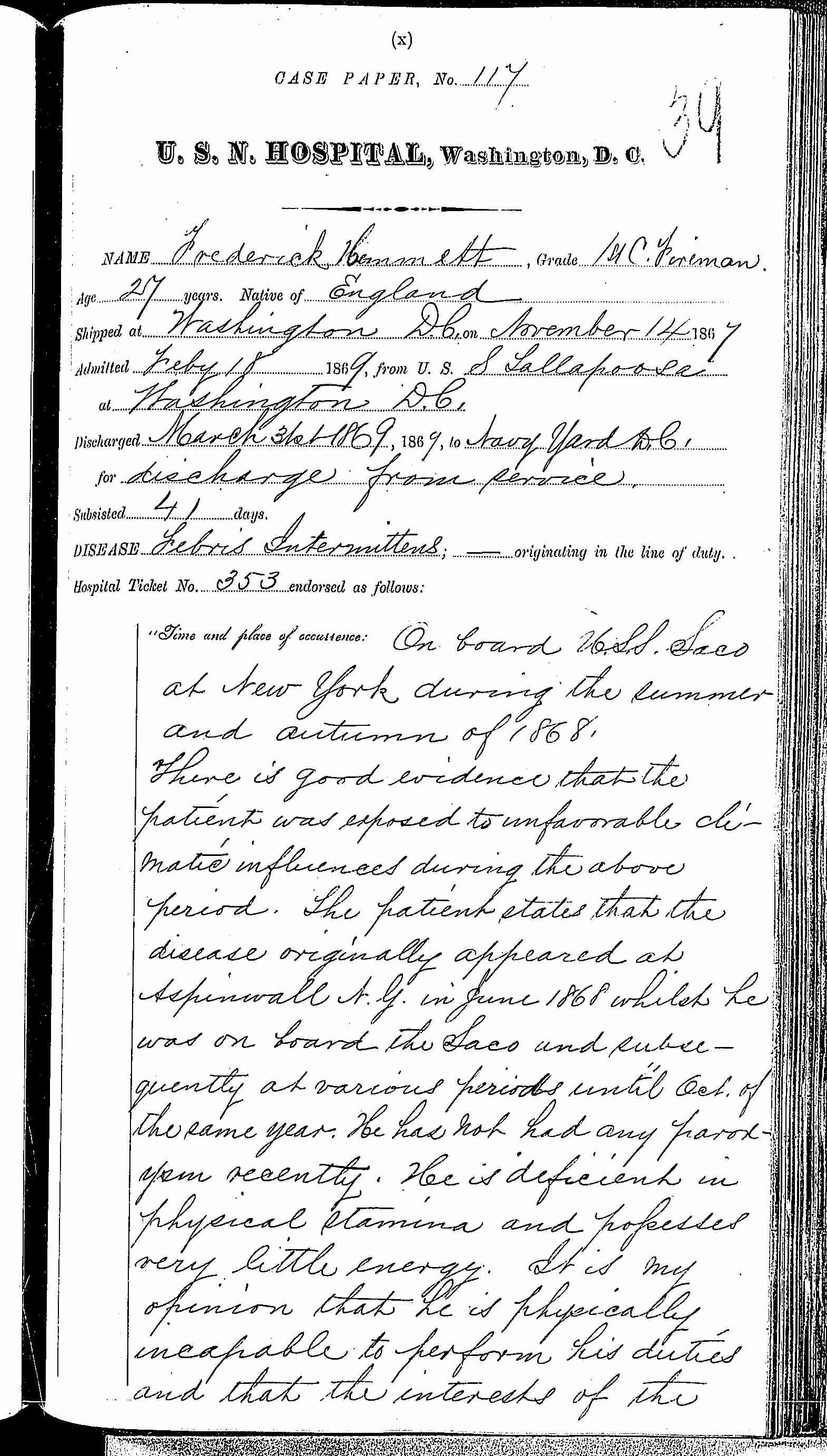 Entry for Frederick Hammett (page 1 of 5) in the log Hospital Tickets and Case Papers - Naval Hospital - Washington, D.C. - 1868-69
