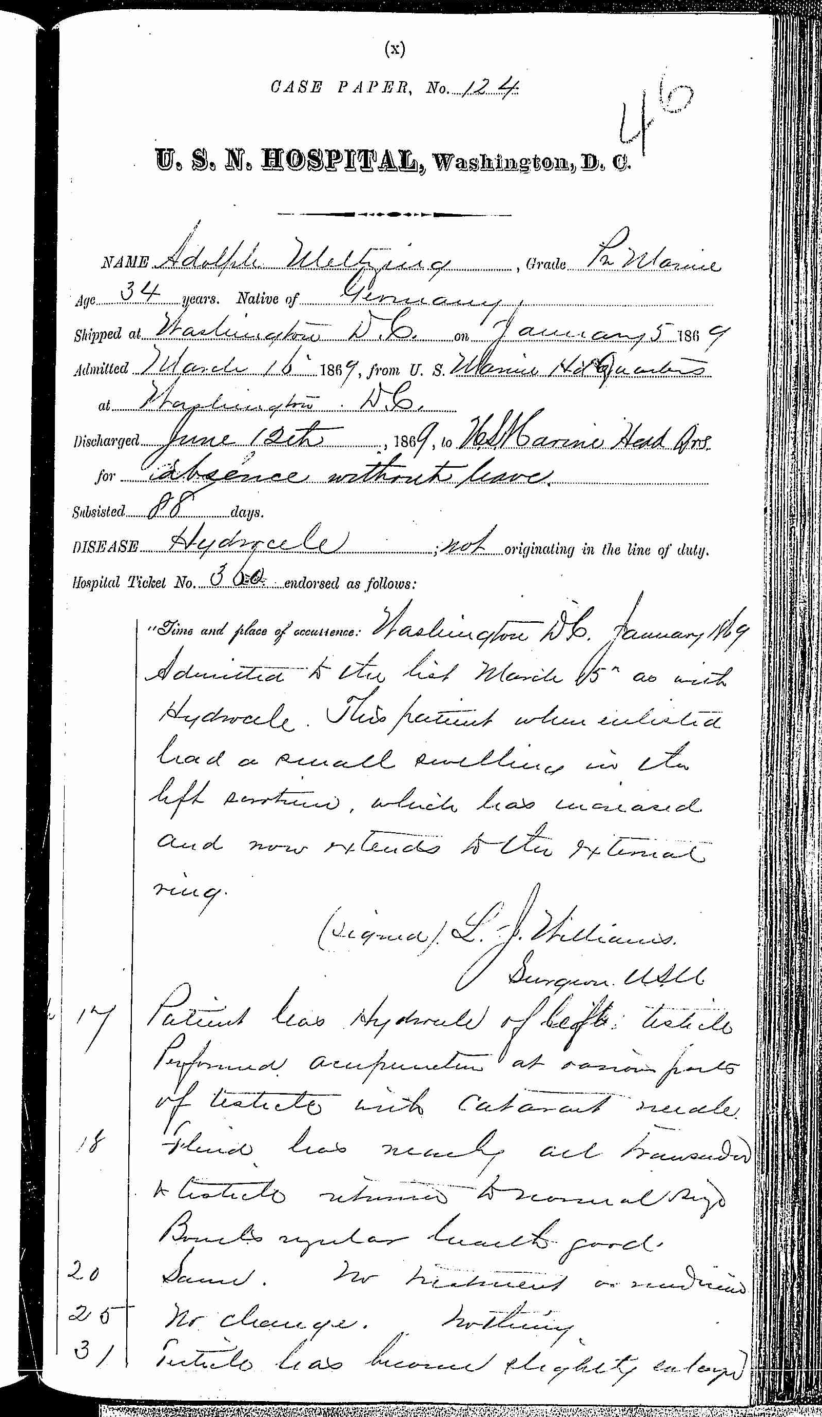 Entry for Adolph Meltzing (first admission page 1 of 4) in the log Hospital Tickets and Case Papers - Naval Hospital - Washington, D.C. - 1868-69