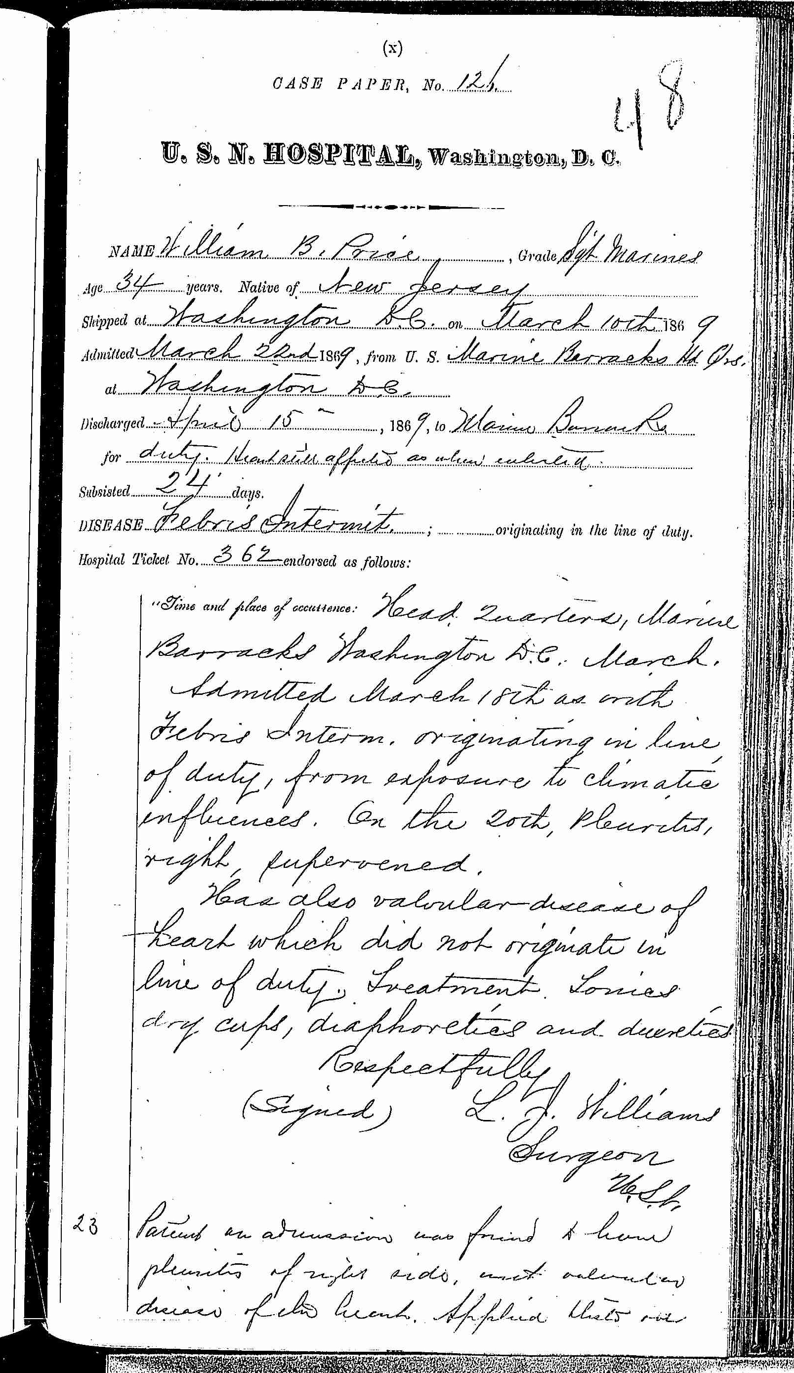 Entry for William B. Price (page 1 of 3) in the log Hospital Tickets and Case Papers - Naval Hospital - Washington, D.C. - 1868-69
