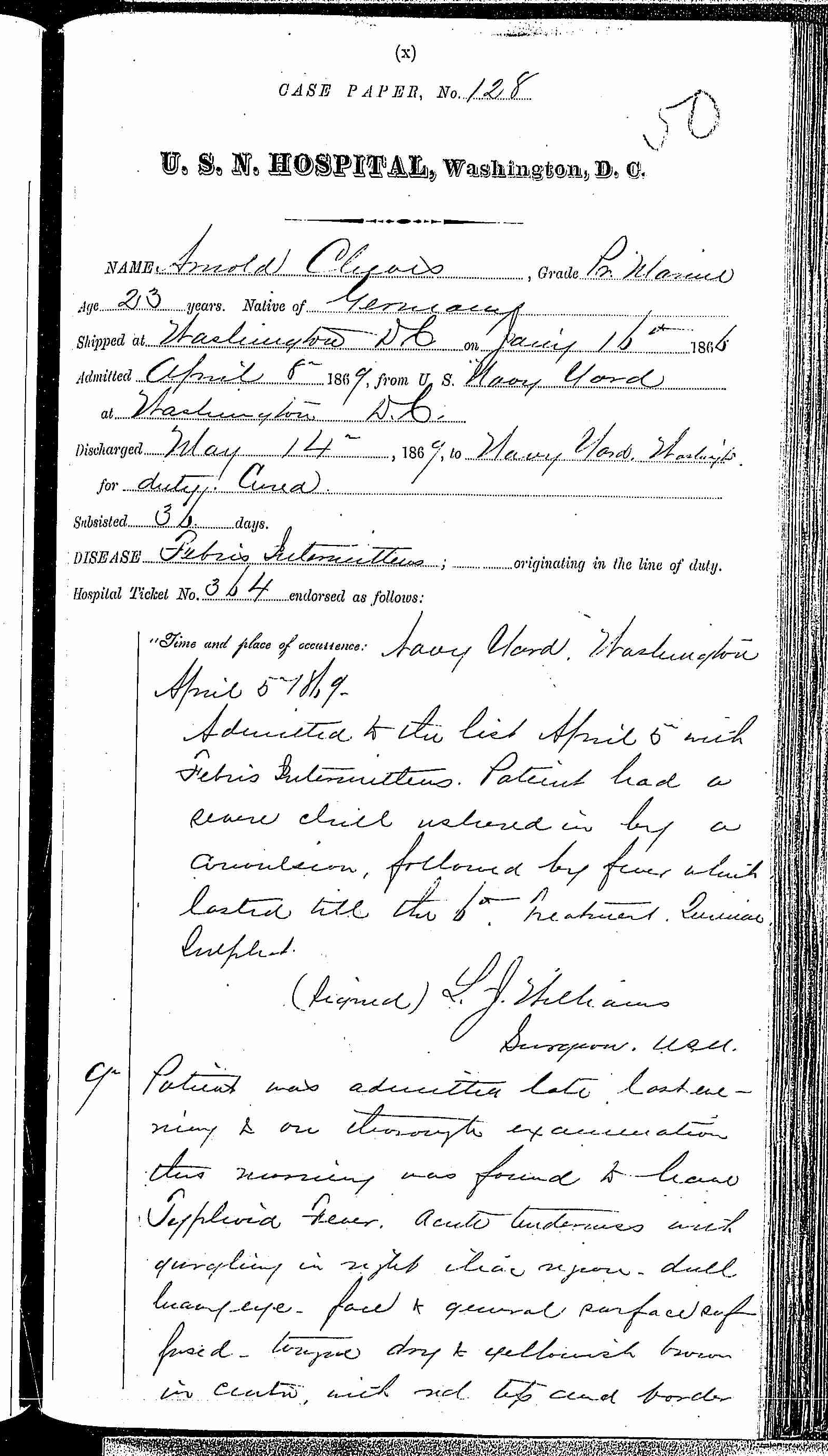 Entry for Arnold Cleeves (page 1 of 4) in the log Hospital Tickets and Case Papers - Naval Hospital - Washington, D.C. - 1868-69