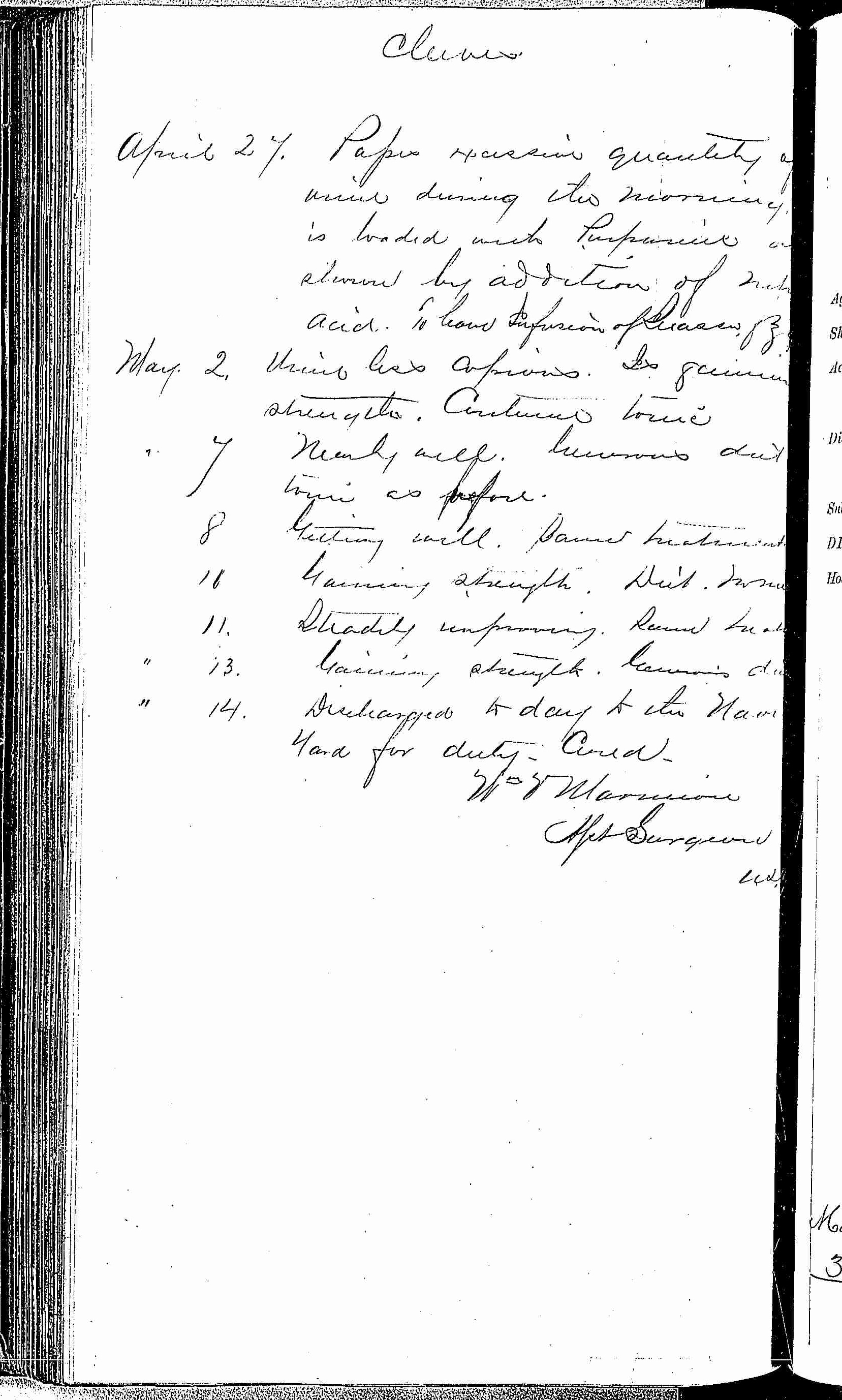Entry for Arnold Cleeves (page 4 of 4) in the log Hospital Tickets and Case Papers - Naval Hospital - Washington, D.C. - 1868-69