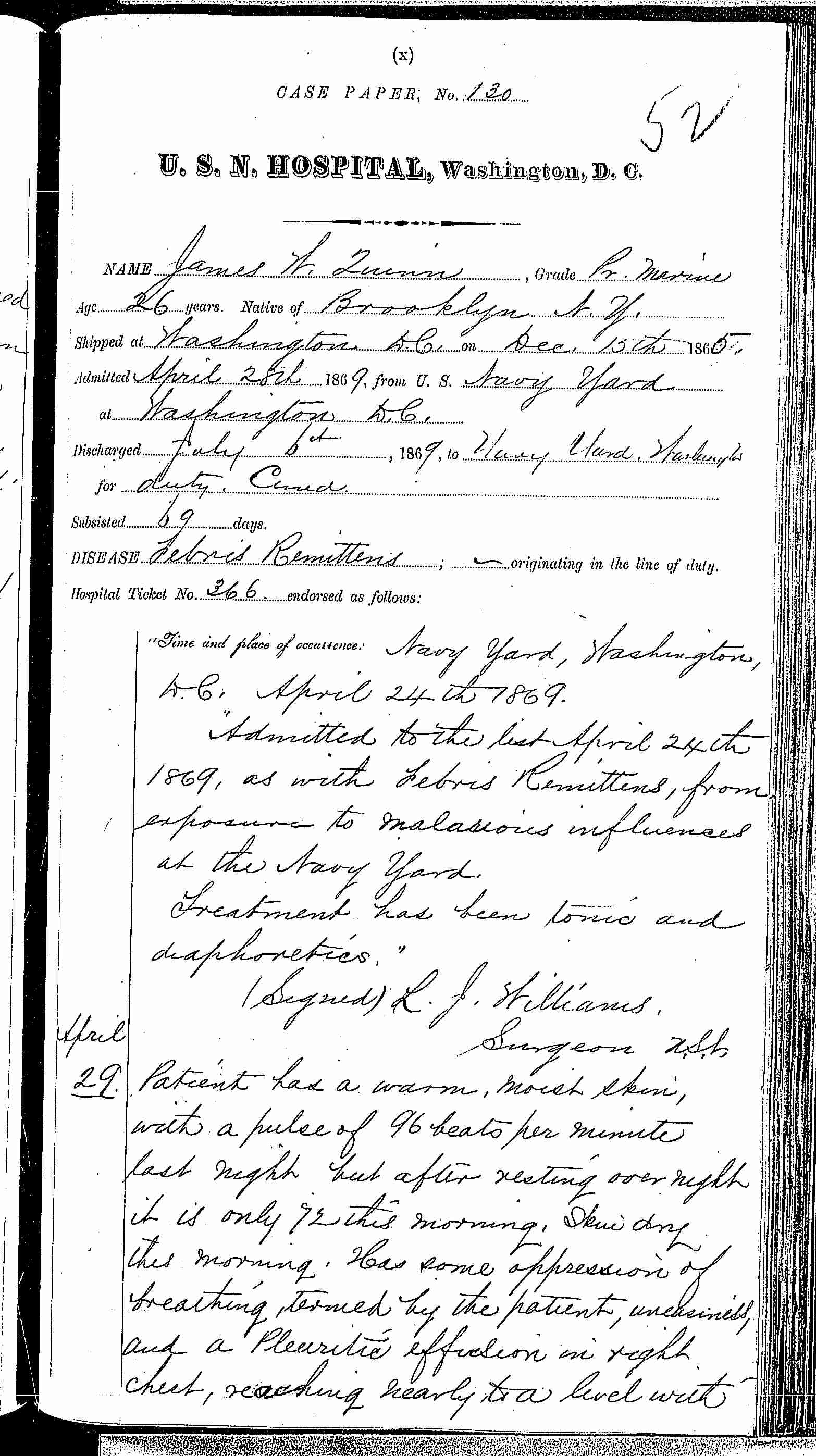 Entry for James W. Quinn (page 1 of 7) in the log Hospital Tickets and Case Papers - Naval Hospital - Washington, D.C. - 1868-69