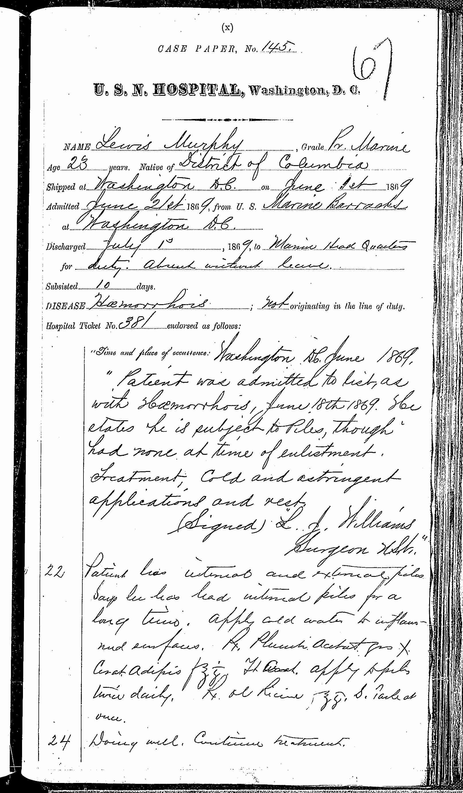 Entry for Lewis Murphy (page 1 of 2) in the log Hospital Tickets and Case Papers - Naval Hospital - Washington, D.C. - 1868-69