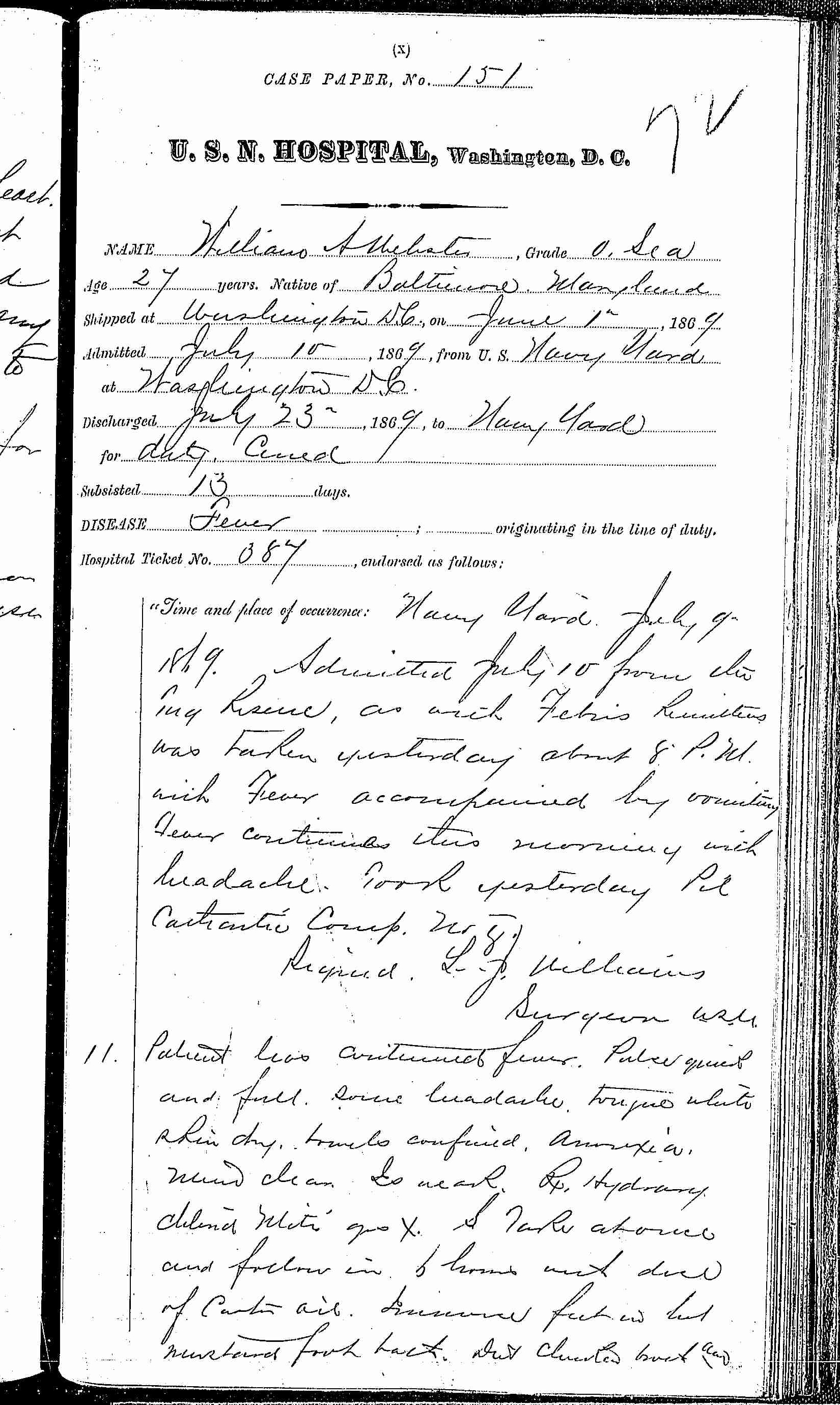 Entry for William A. Webster (page 1 of 3) in the log Hospital Tickets and Case Papers - Naval Hospital - Washington, D.C. - 1868-69