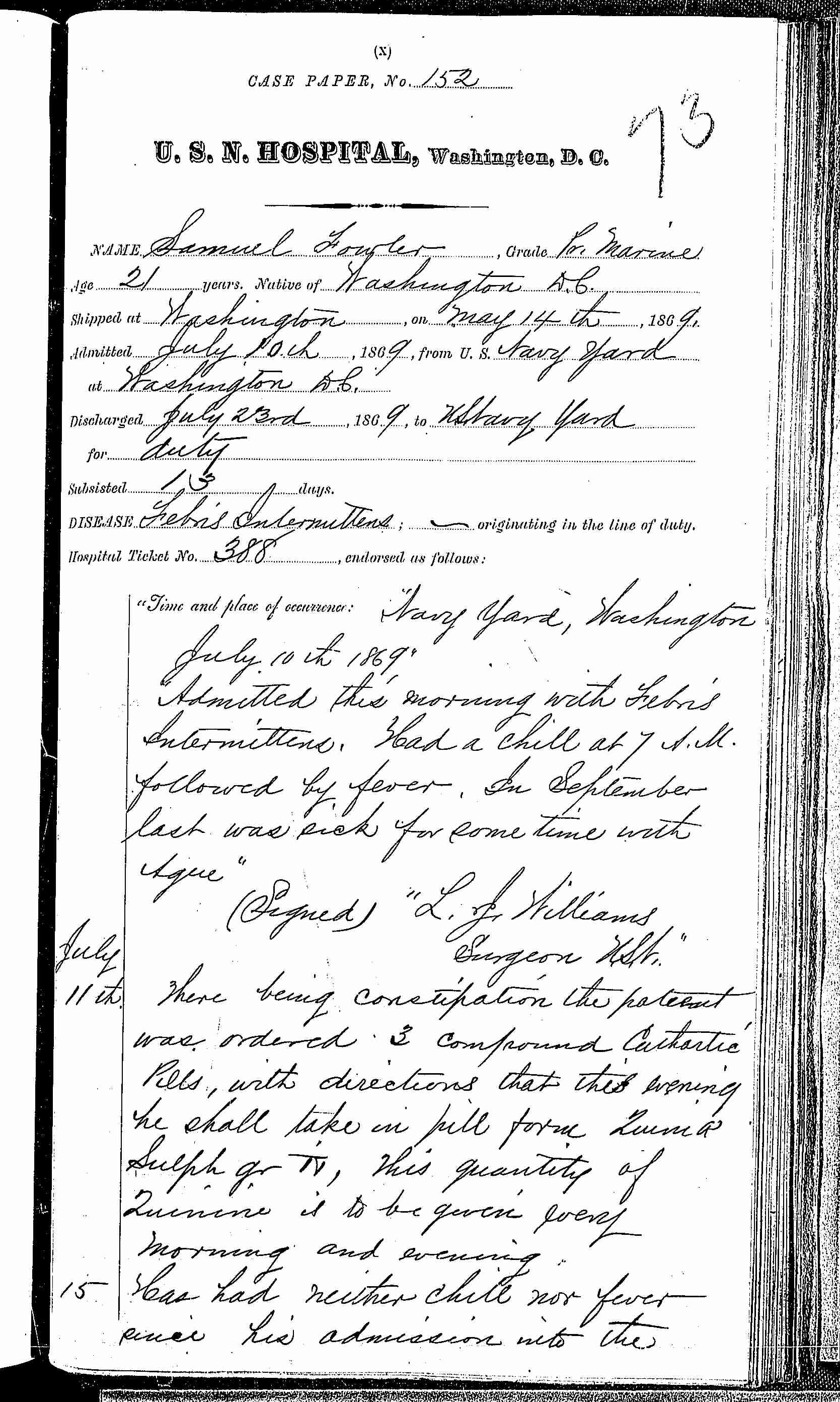 Entry for Samuel Fowler (page 1 of 2) in the log Hospital Tickets and Case Papers - Naval Hospital - Washington, D.C. - 1868-69