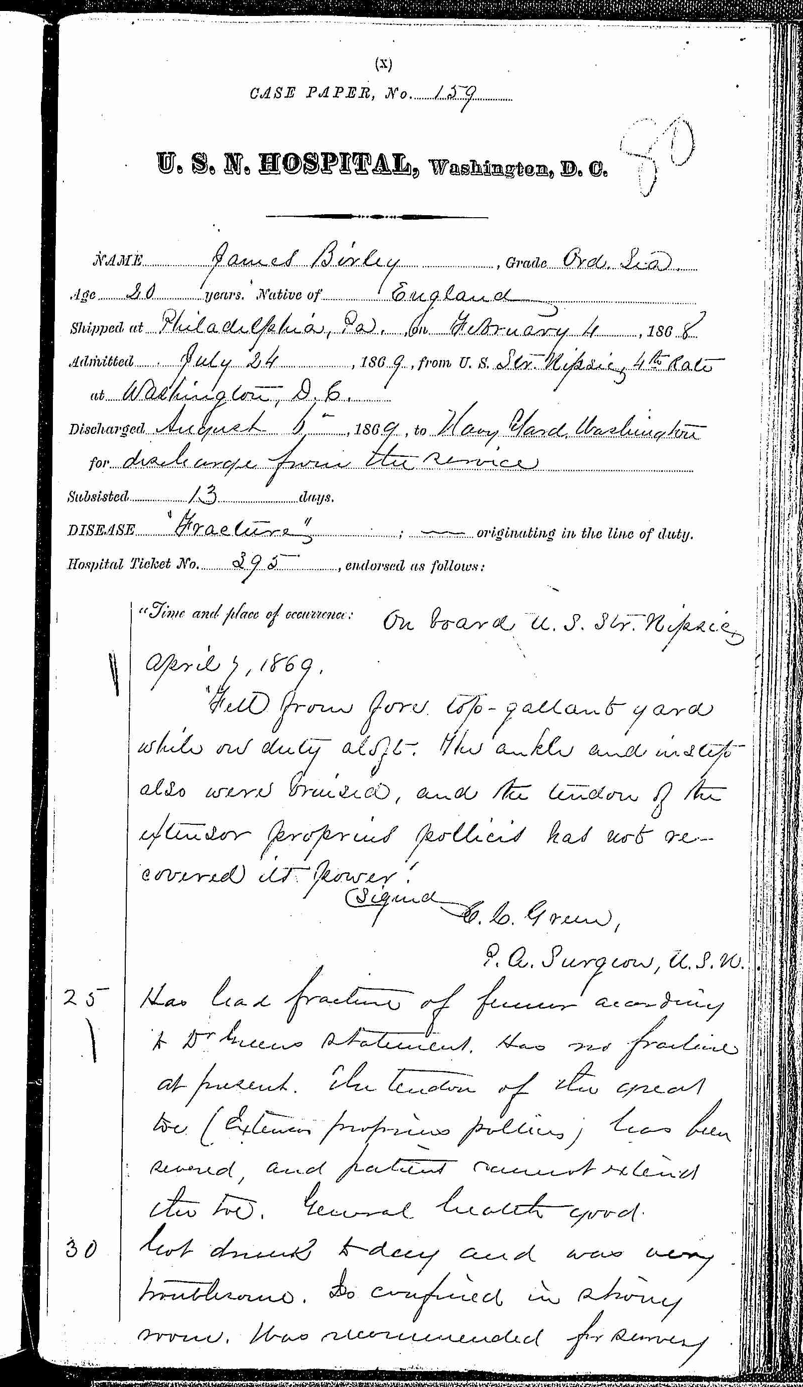 Entry for James Birley (page 1 of 2) in the log Hospital Tickets and Case Papers - Naval Hospital - Washington, D.C. - 1868-69
