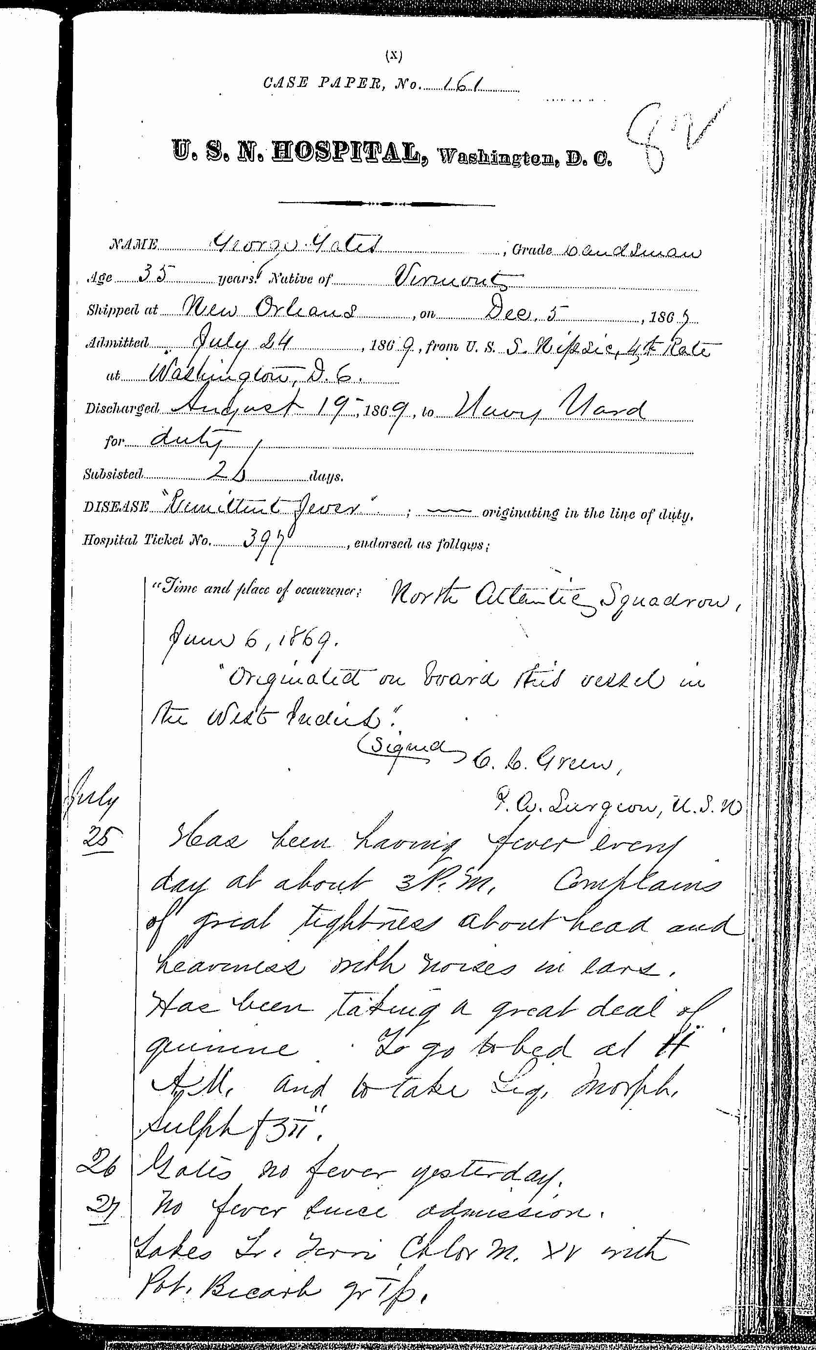 Entry for George Gates (page 1 of 2) in the log Hospital Tickets and Case Papers - Naval Hospital - Washington, D.C. - 1868-69